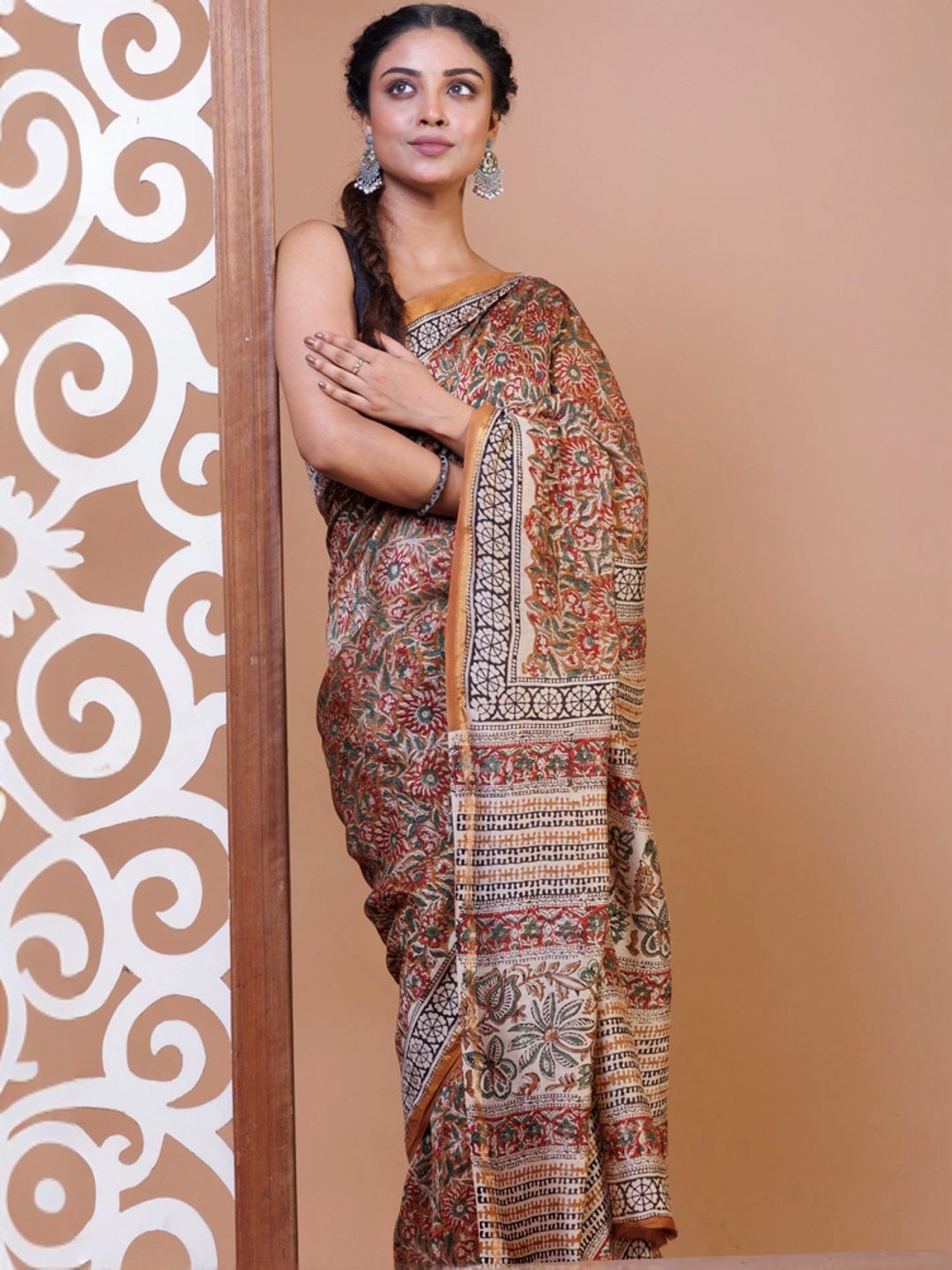 Unnati Silks Brown Floral Print Saree With Unstitched Blouse