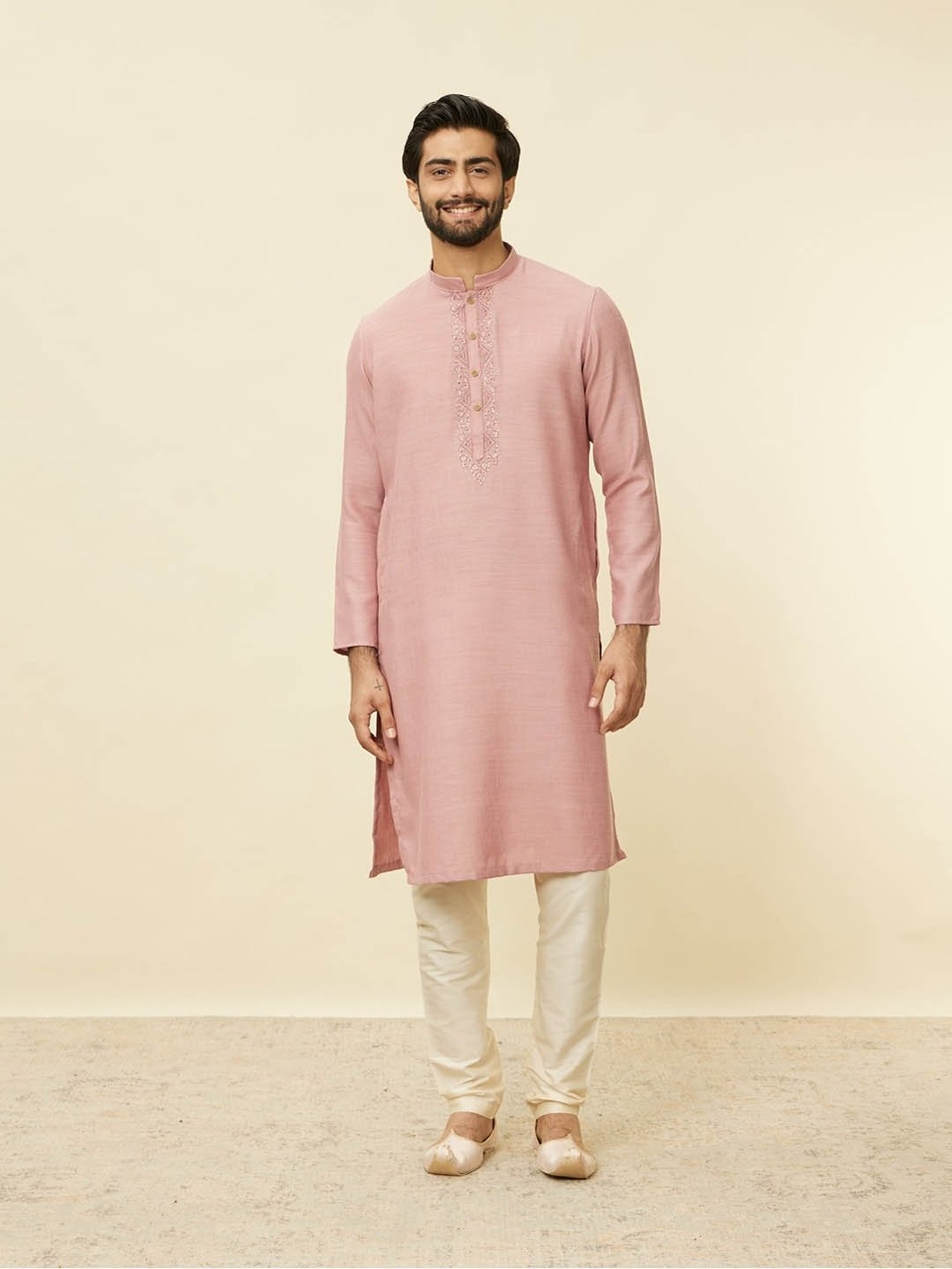 Manyavar Pink & Beige Regular Fit Self Pattern Kurta Bottom Set