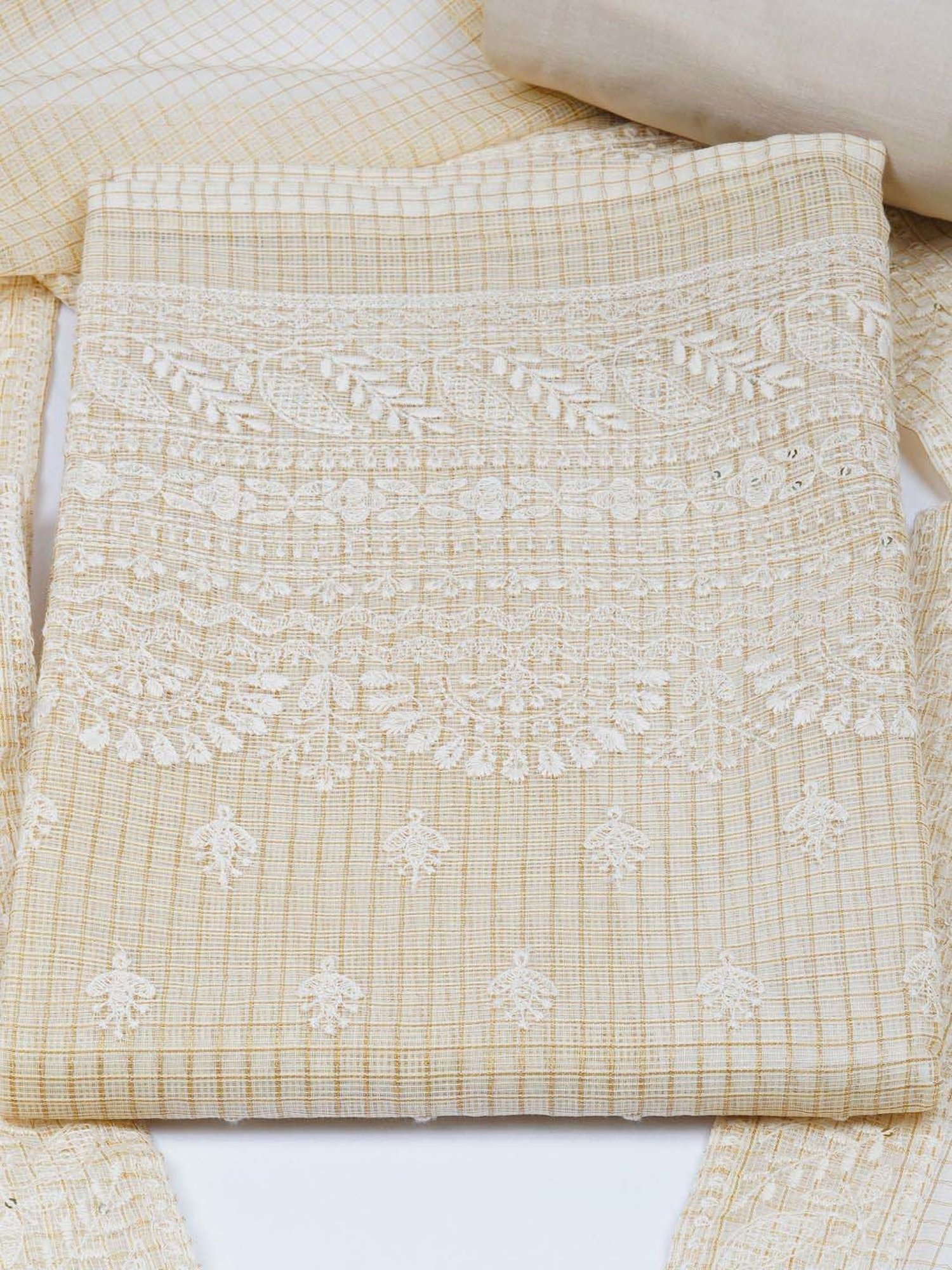 Kami Kubi Beige Embroidered Unstitched Dress Material