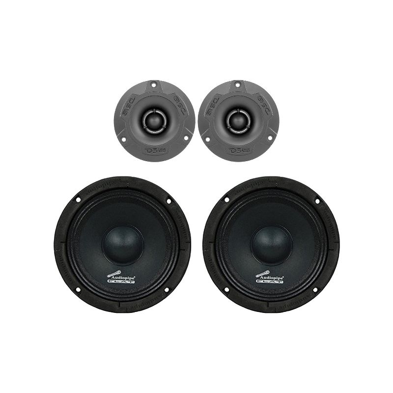 DS18 PRO TWX1BK 1 Inch VC 240 Watt MAX 4 Ohm Aluminum Super Bullet Tweeter Pair Bundled with a 2 Pack of Audiopipe 250 Watt Midrange Driver Speakers