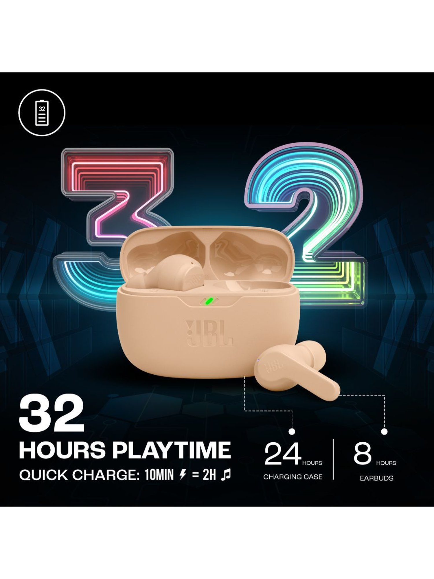 JBL Wave Beam TWS, 32Hr, Deep Bass, Dual Mode, Quick Charge, IP54, Smart Ambient & TalkThru (Beige)