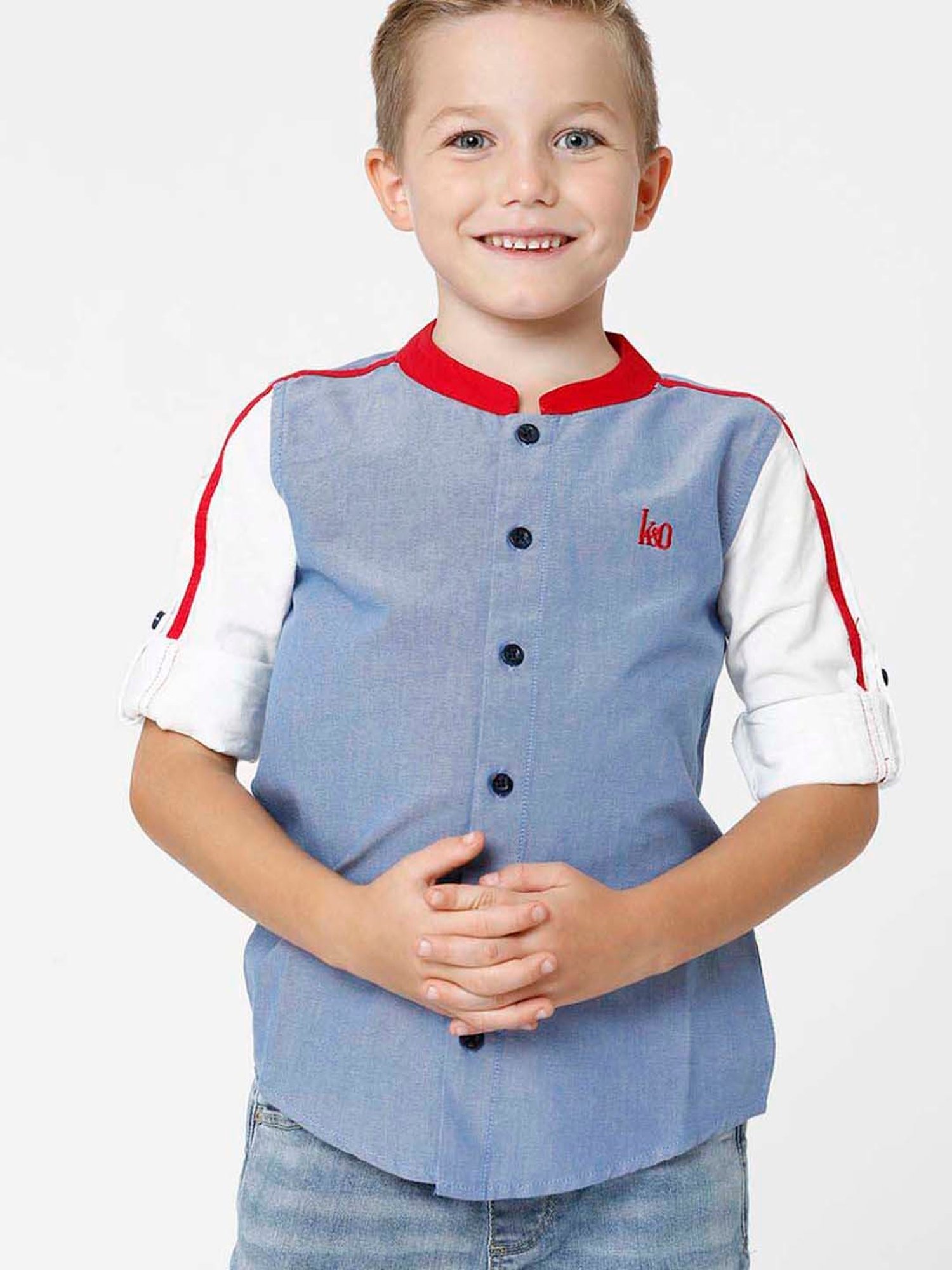 Kate & Oscar Kids Blue & White Cotton Embroidered Full Sleeves Shirt