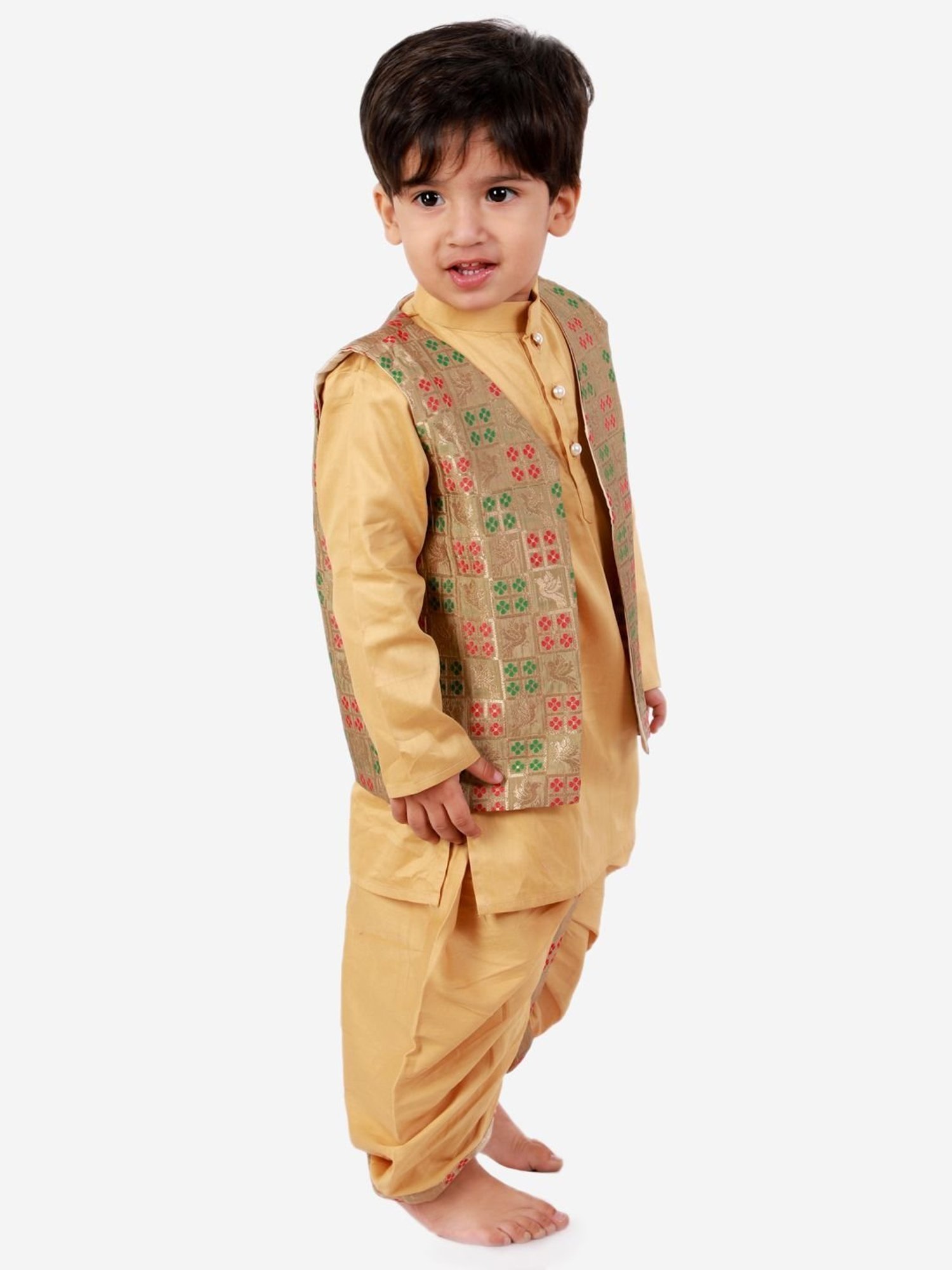 Little Bansi Kids Golden Cotton Zari Work Kurta Set