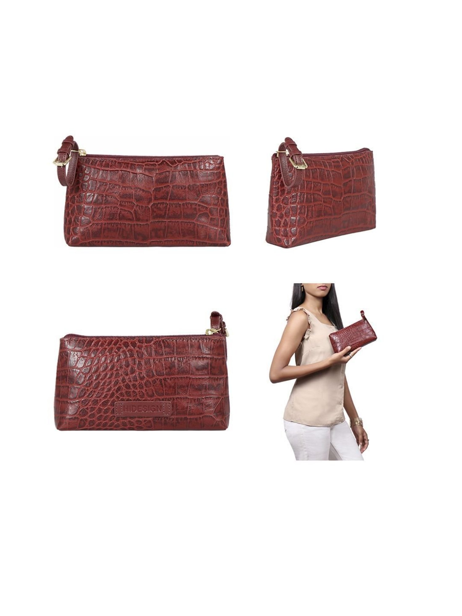 Hidesign Freedom Red Textured Medium Shoulder Handbag With Pouch