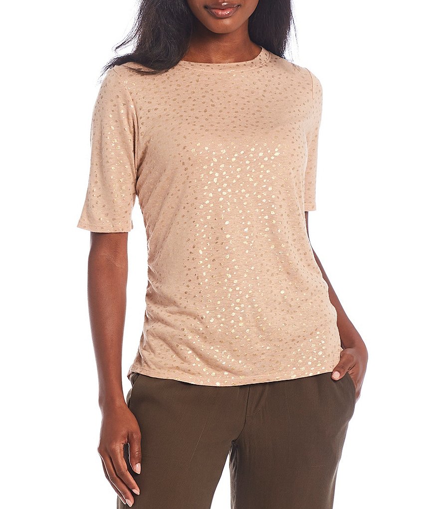 Democracy Foil Dot Print Crew Neck Elbow Sleeve Knit Tee