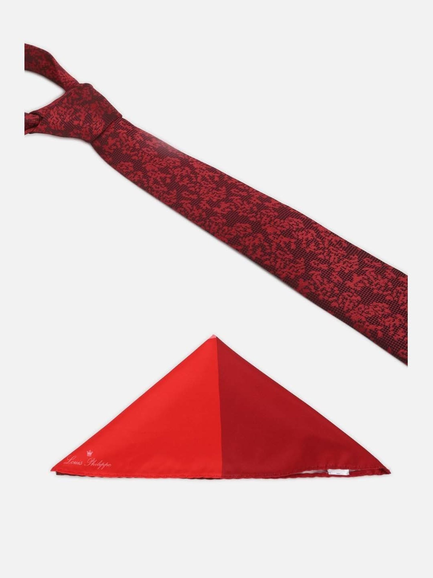 Louis Philippe Red Embroidered Tie with Pocket Square