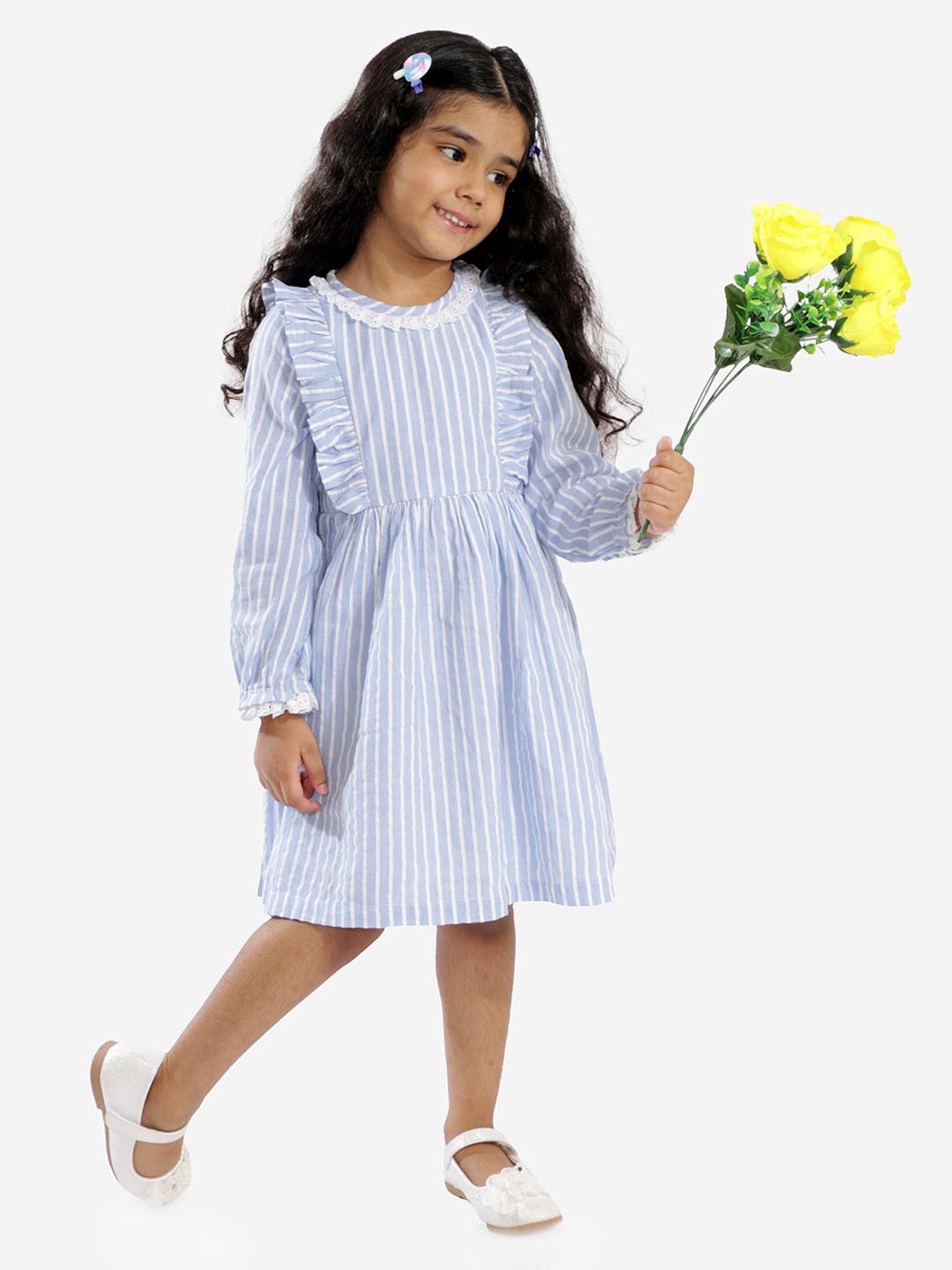Lil Drama Kids Blue & White Striped Full Sleeves Dress