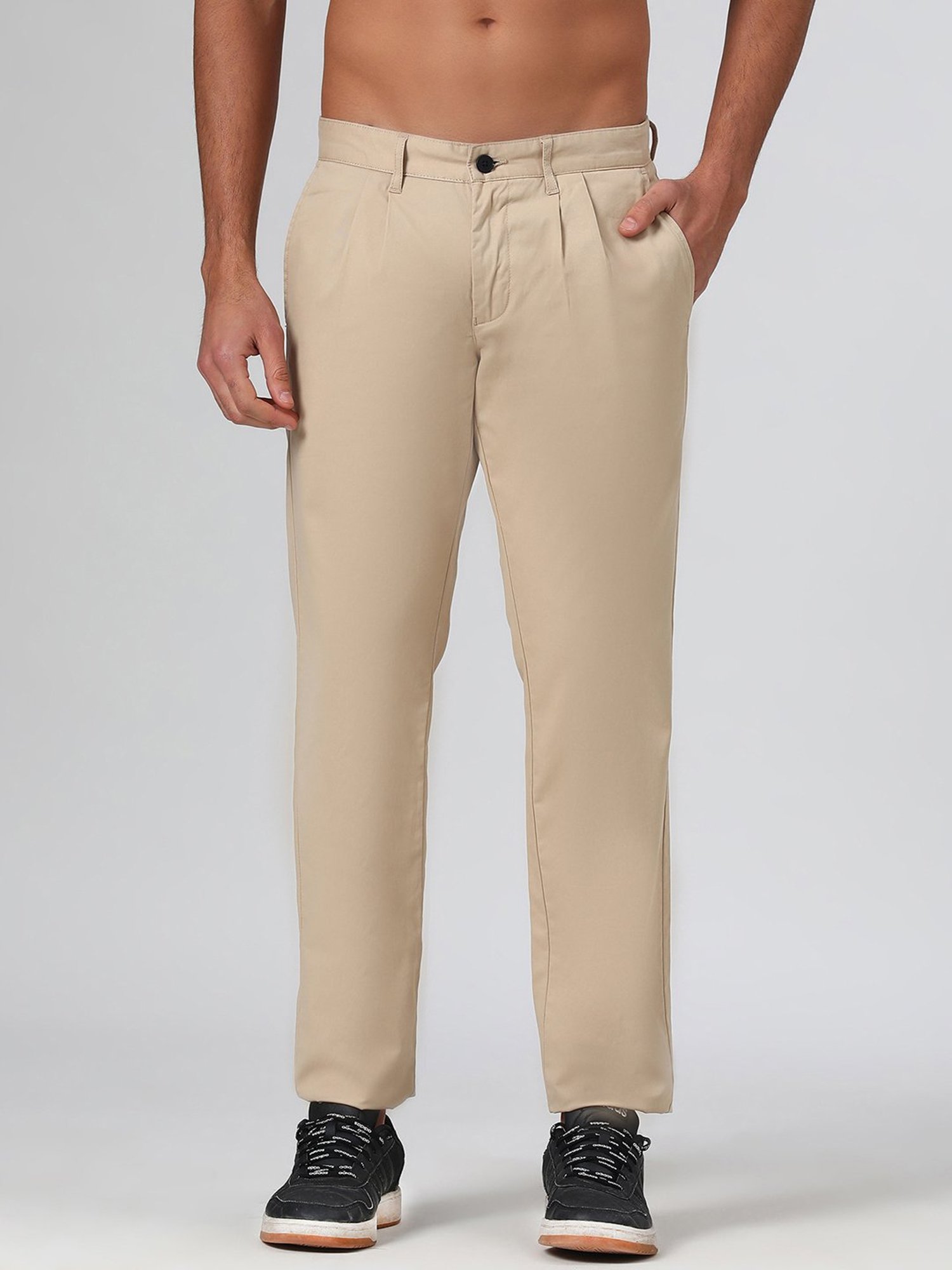 SUBTRACT Beige Regular Fit Pleated Trousers