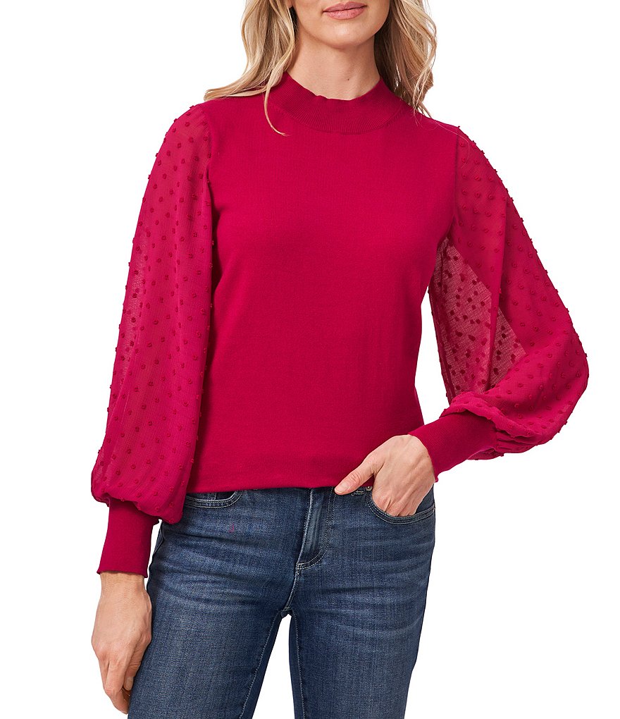 CeCe Mock Neck Long Sleeve Clip Dot Sweater