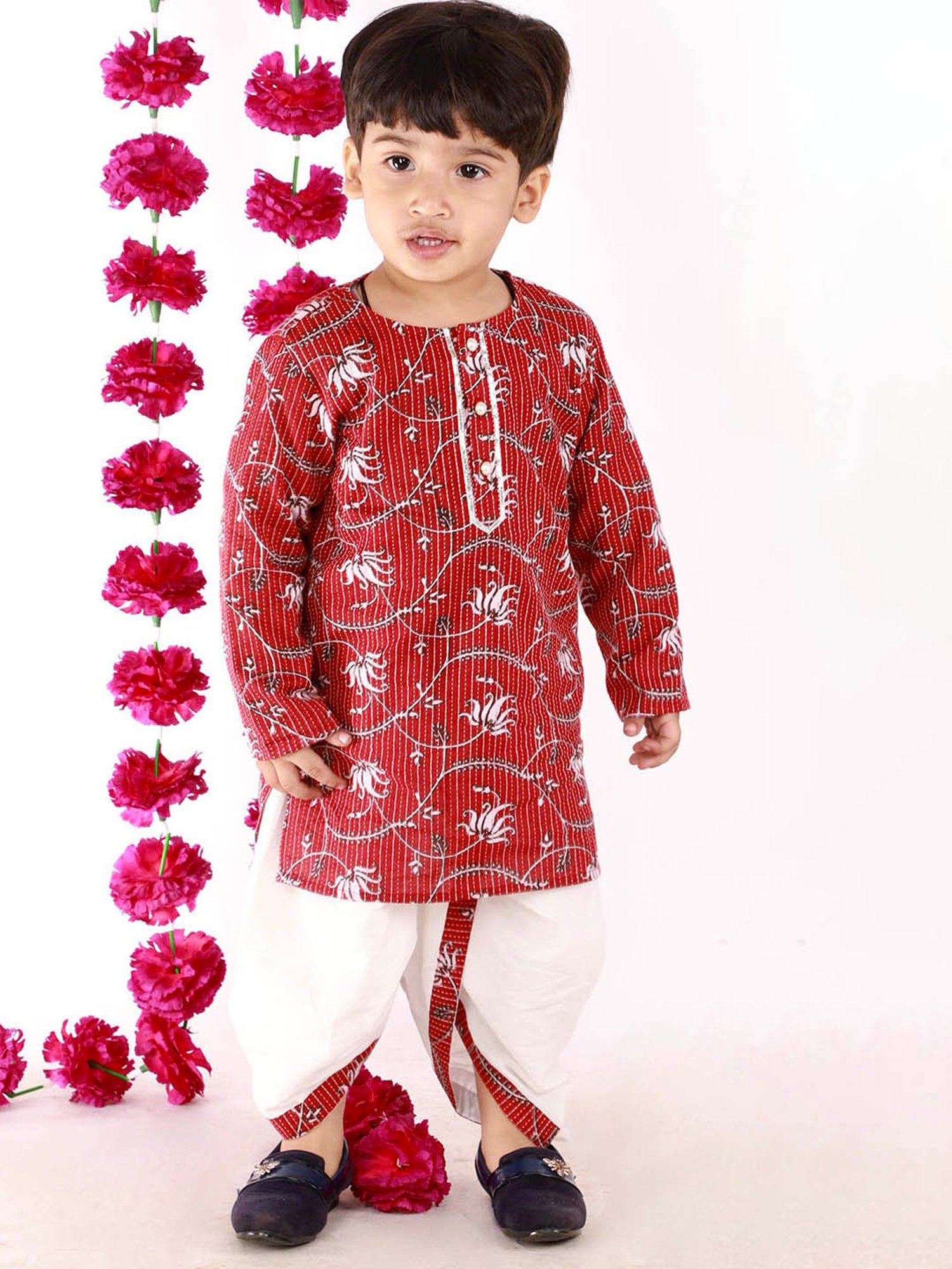 Little Bansi Kids Brown & White Embroidered Kurta with Dhotis