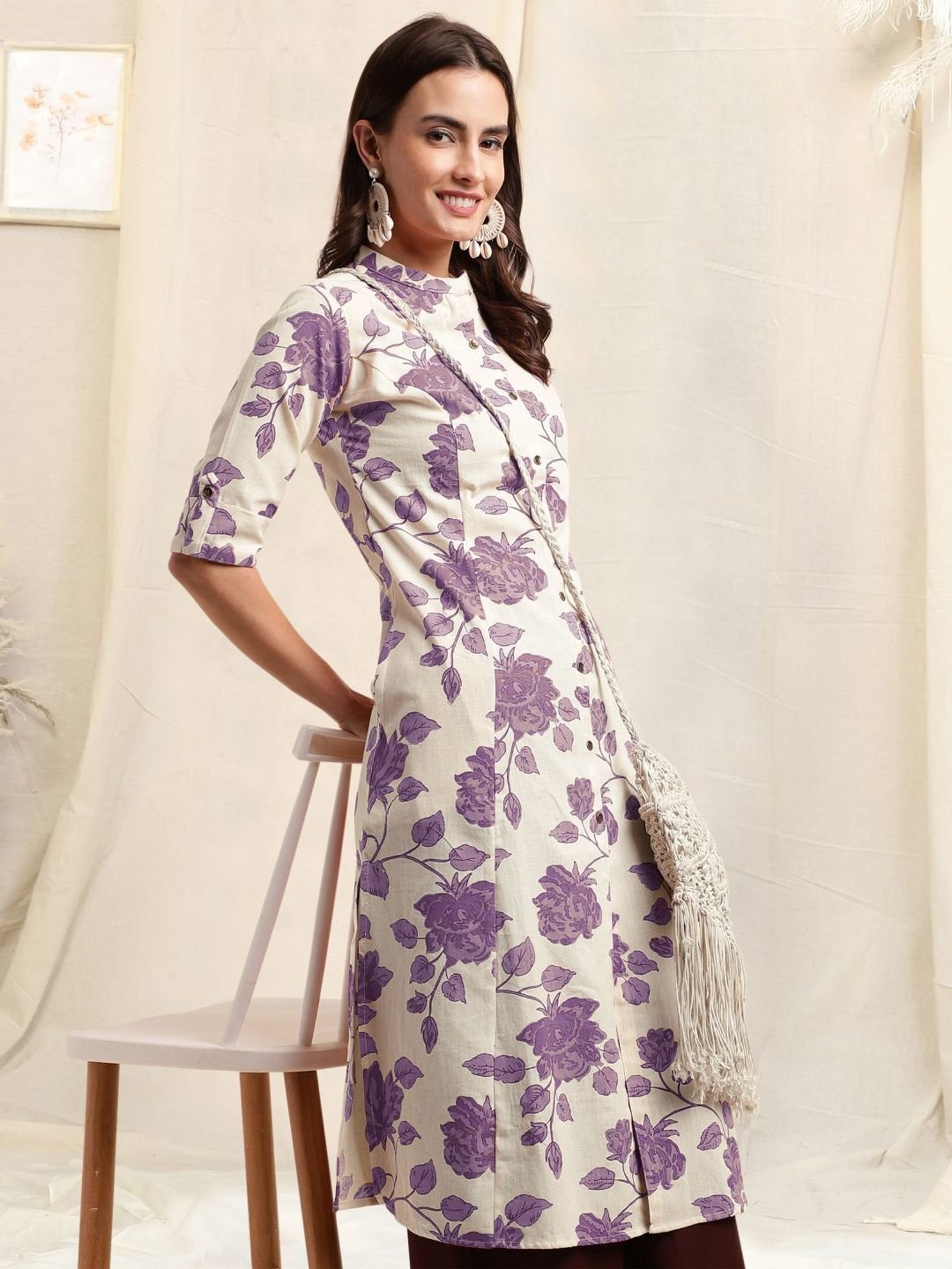 MIRCHI FASHION Beige Cotton Floral Print Straight Kurta