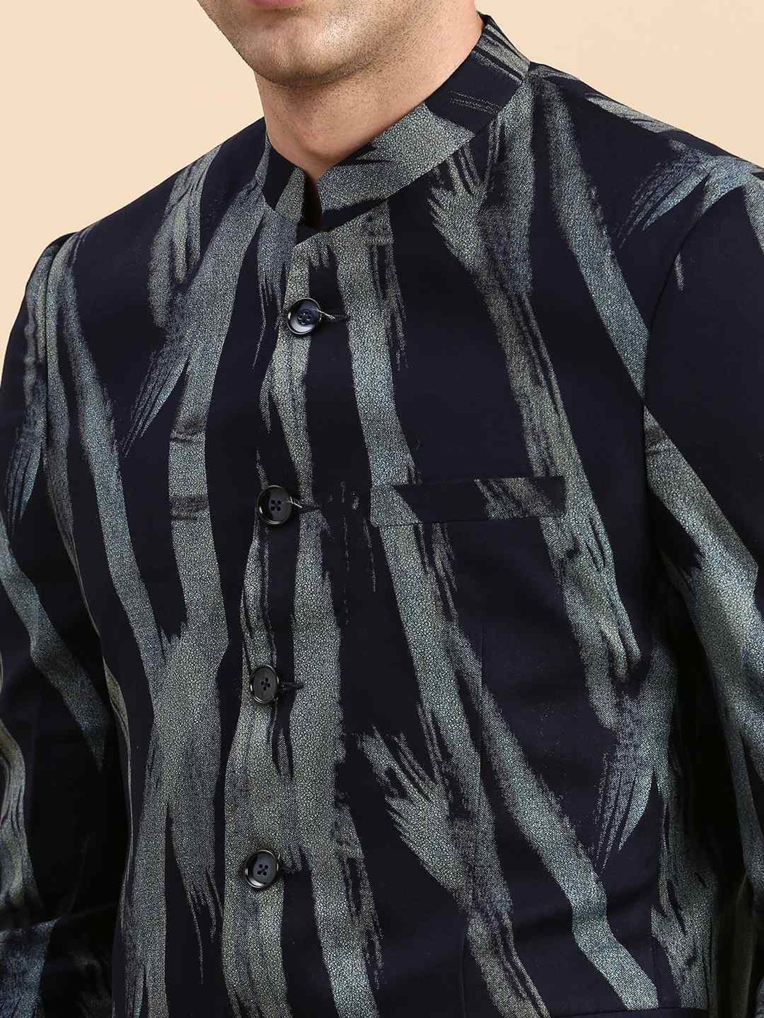 SHOWOFF Navy Blue Cotton Slim Fit Printed Blazer