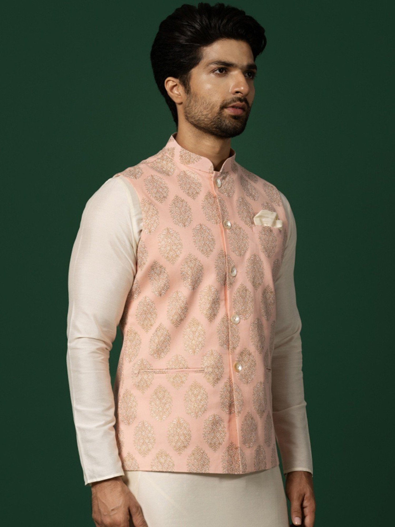 KISAH Peach Cotton Regular Fit Printed Nehru Jacket