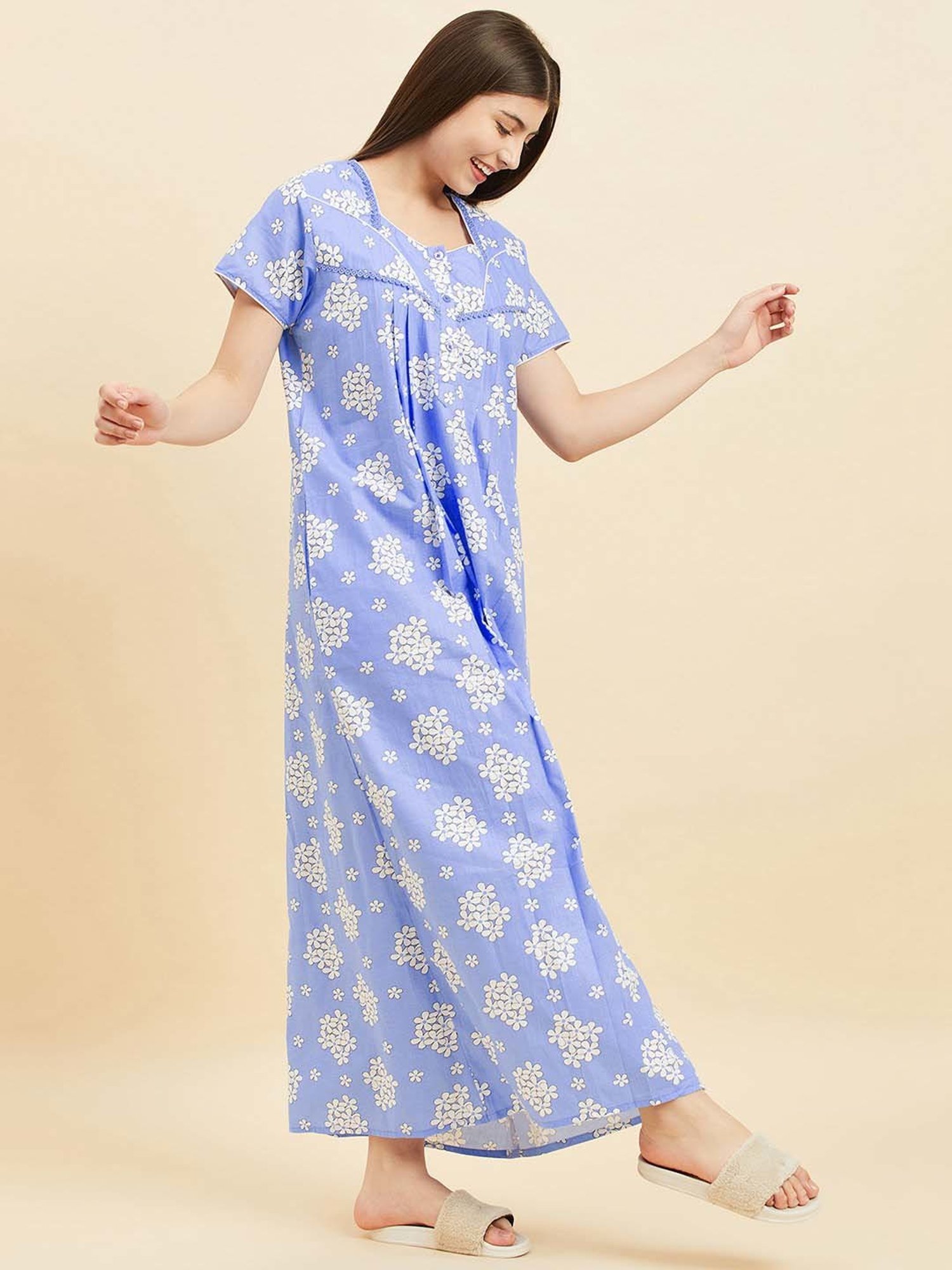 Sweet Dreams Blue Cotton Floral Print Night Gown