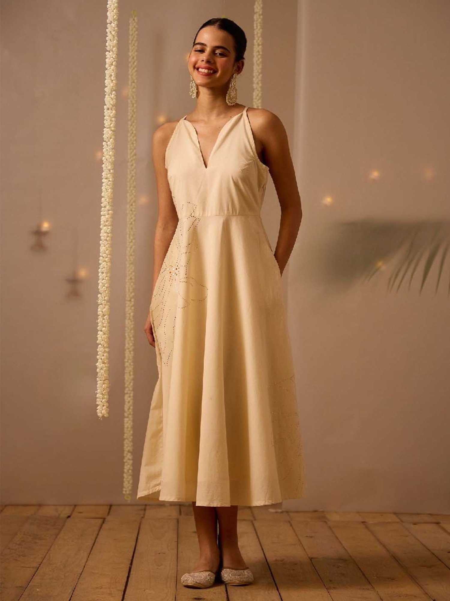 Okhai Off White Embellished Ethnic Dress With Dupatta