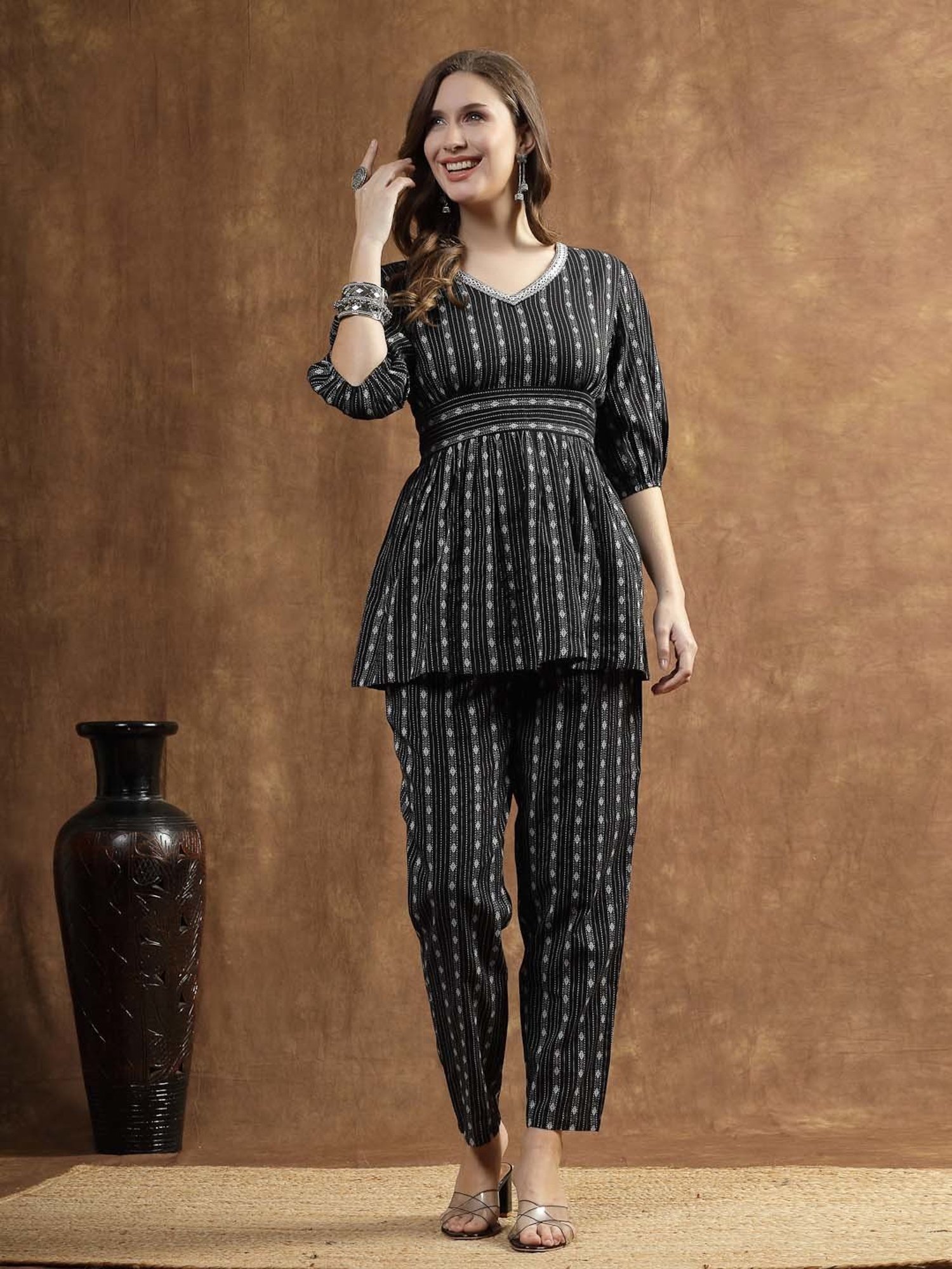 Stylum Black Cotton Embroidered Kurti Pant Set