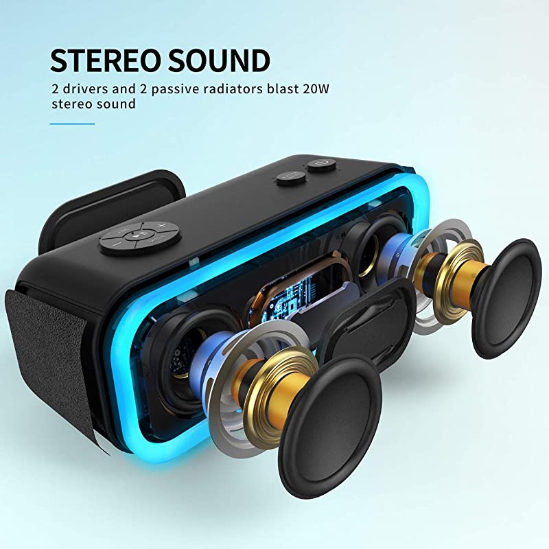 Bluetooth Speakers  SoundBox Pro Portable Wireless Bluetooth Speaker with 20W Stereo Sound Active Extra Bass Wireless Stereo Pairing Multiple Colors Lights IPX5 20 Hrs Battery Life Black