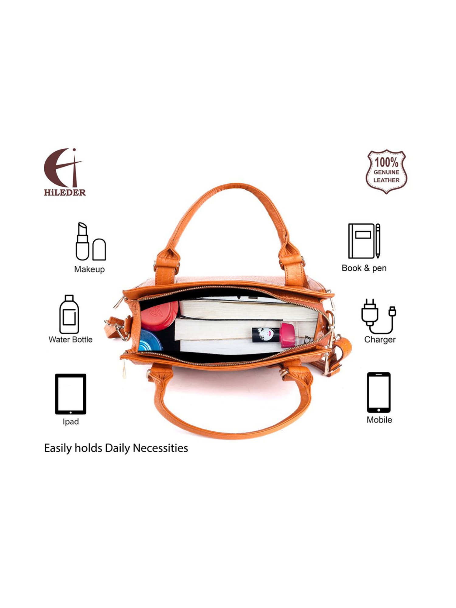 HiLEDER Orange Textured Medium Handbag