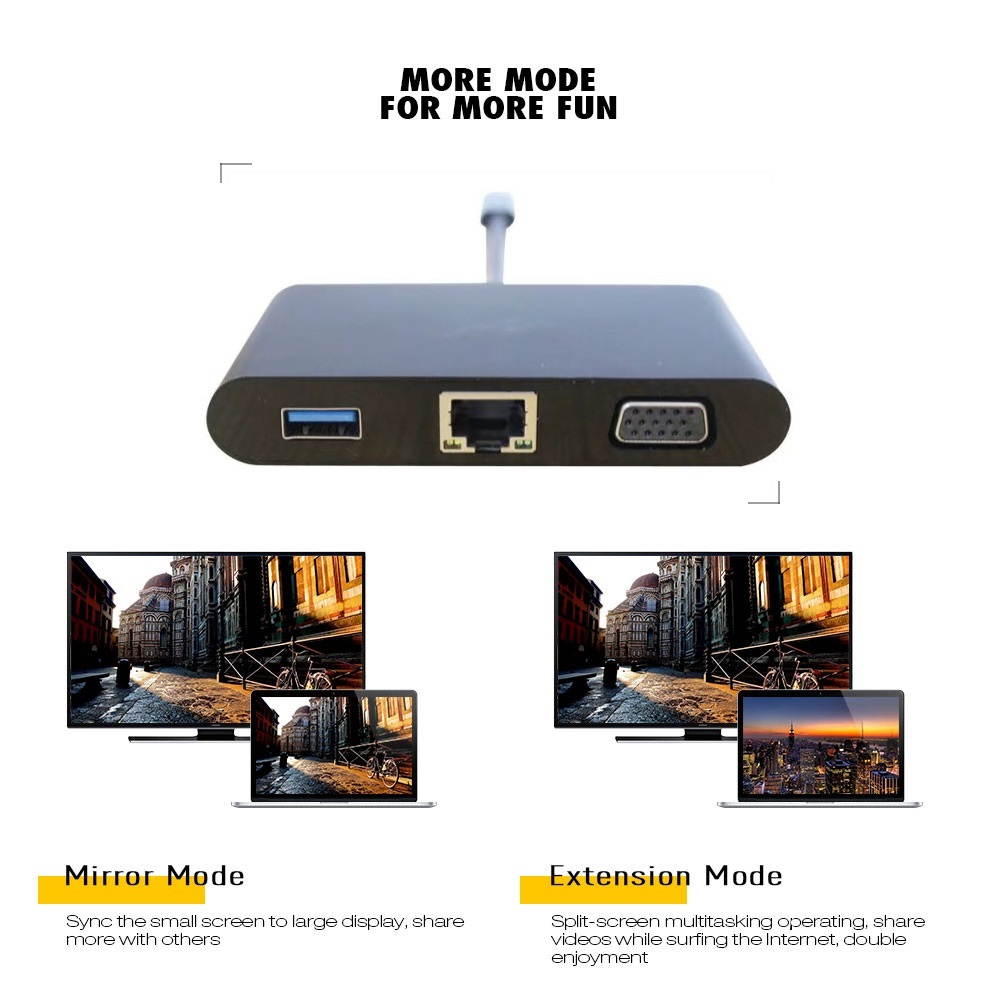 5 in 1 USB C HUB Type-C to VGA + Audio + 1000M LAN + 60W PD + USB3.0 Converter, USB-C HUB, Support 1000Mbps Ethernet, 20V 3A PD Fast Charging and 1080p HD Video Output for New MacBook ChromeBook.