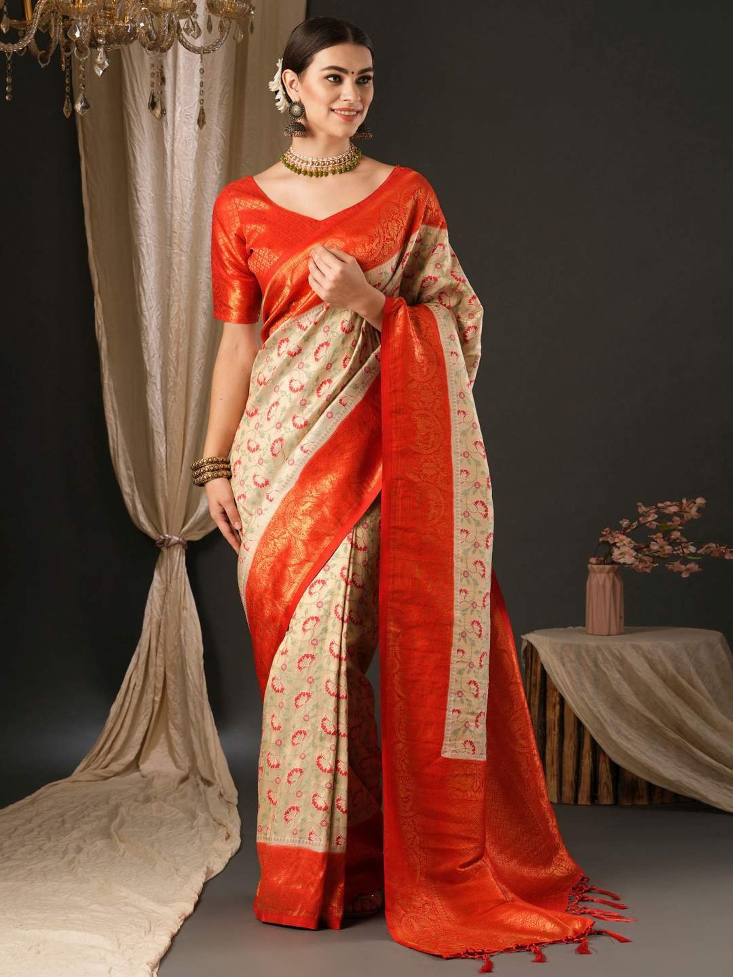 Saree Mall Beige & Orange Woven Saree With Unstitched Blouse