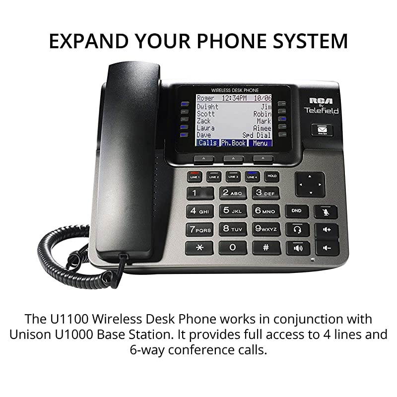 RCA U1100 Unison Wireless Deskphone - 4 Line Phone Systems for Small Business with Digital Receptionist Bundle with 6  AAA Batteries