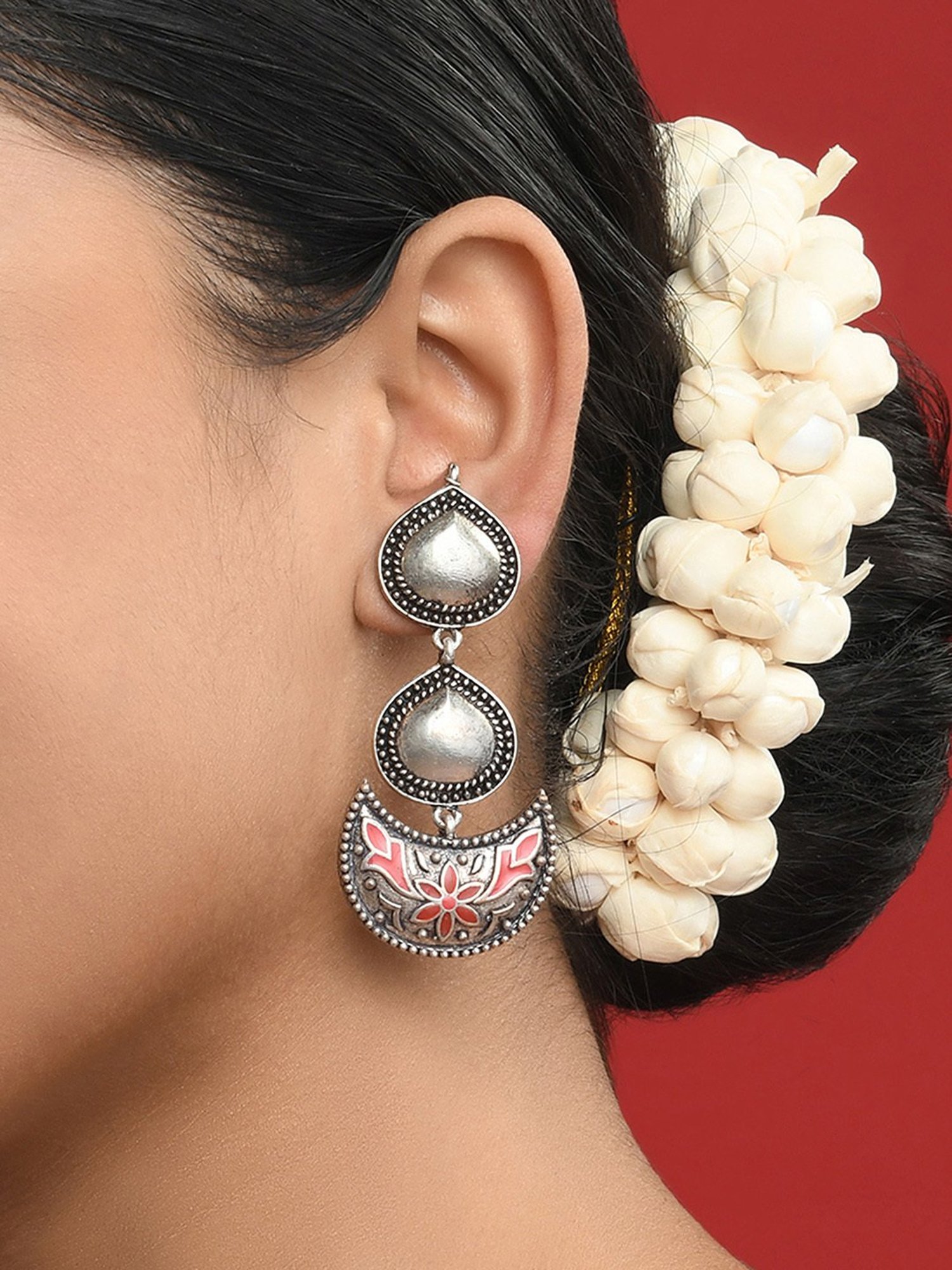 Fida Tear Crescent Floral Enamel Orange Dangler Earrings