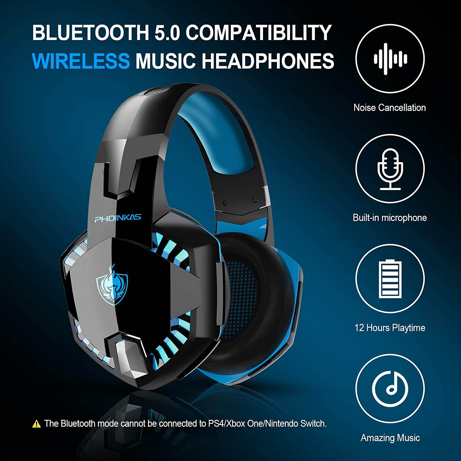 PHOINIKAS G2000 Wired Gaming Headset for PS4, Xbox One, PC, PS5, Over Ear Headphones with Detachable Noise Cancelling Mic, One-Click 7.1 Sound, Bluetooth Wireless Headset only for Phone, Up to 12h