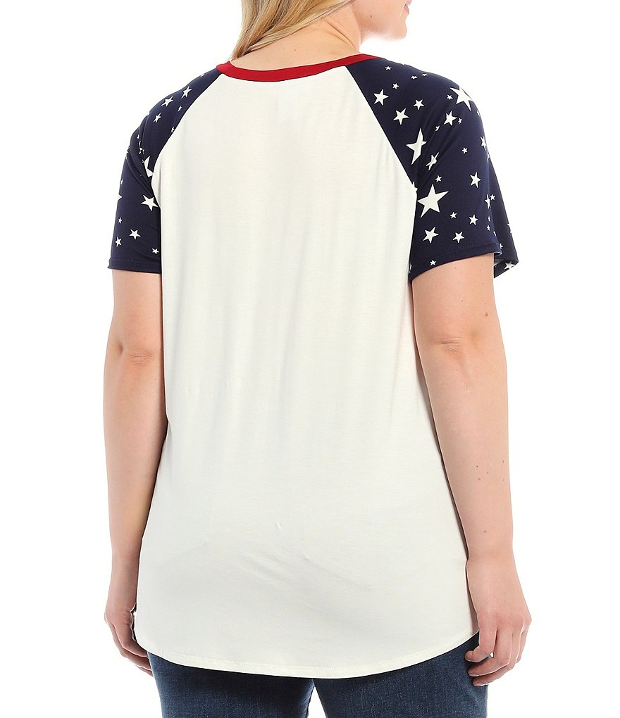 Moa Moa Plus Size Star Print Solid Color Block Double Contrast Pocket Crew Neck Short Sleeve Top