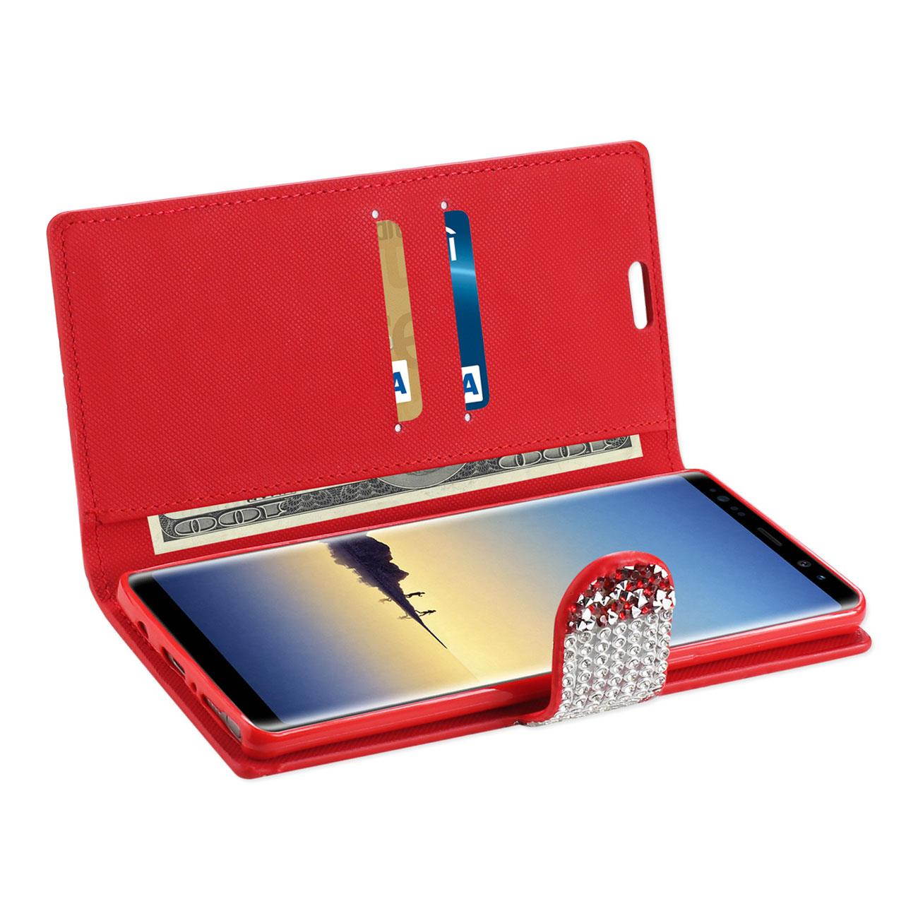REIKO DIAMOND RHINESTONE WALLET CASE FOR SAMSUNG GALAXY NOTE 8 - RED