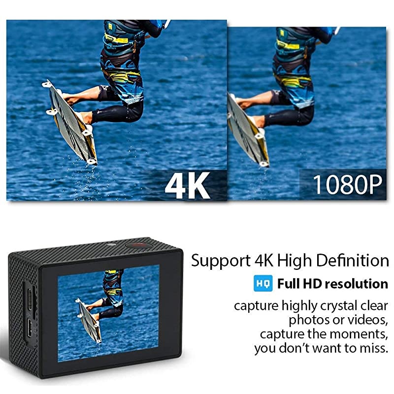 Camera 4K, Waterproof Camera, Underwater Camera WiFi Ultra HD 16mp 170 Degrees Wide Angle Sports Camera with Remote Control 2 Batteries and Mounting Accessories Kit