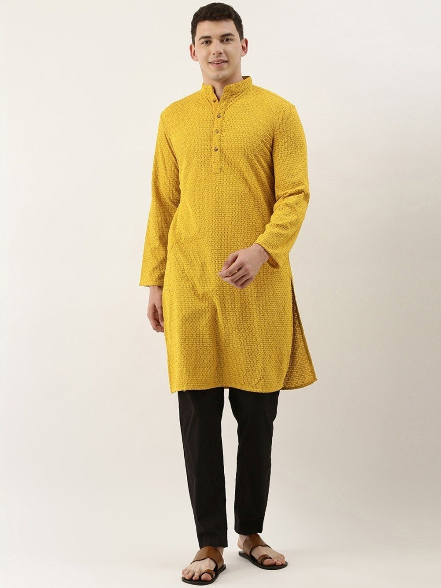 SWAGG INDIA Mustard Cotton Regular Fit Embroidered Kurta