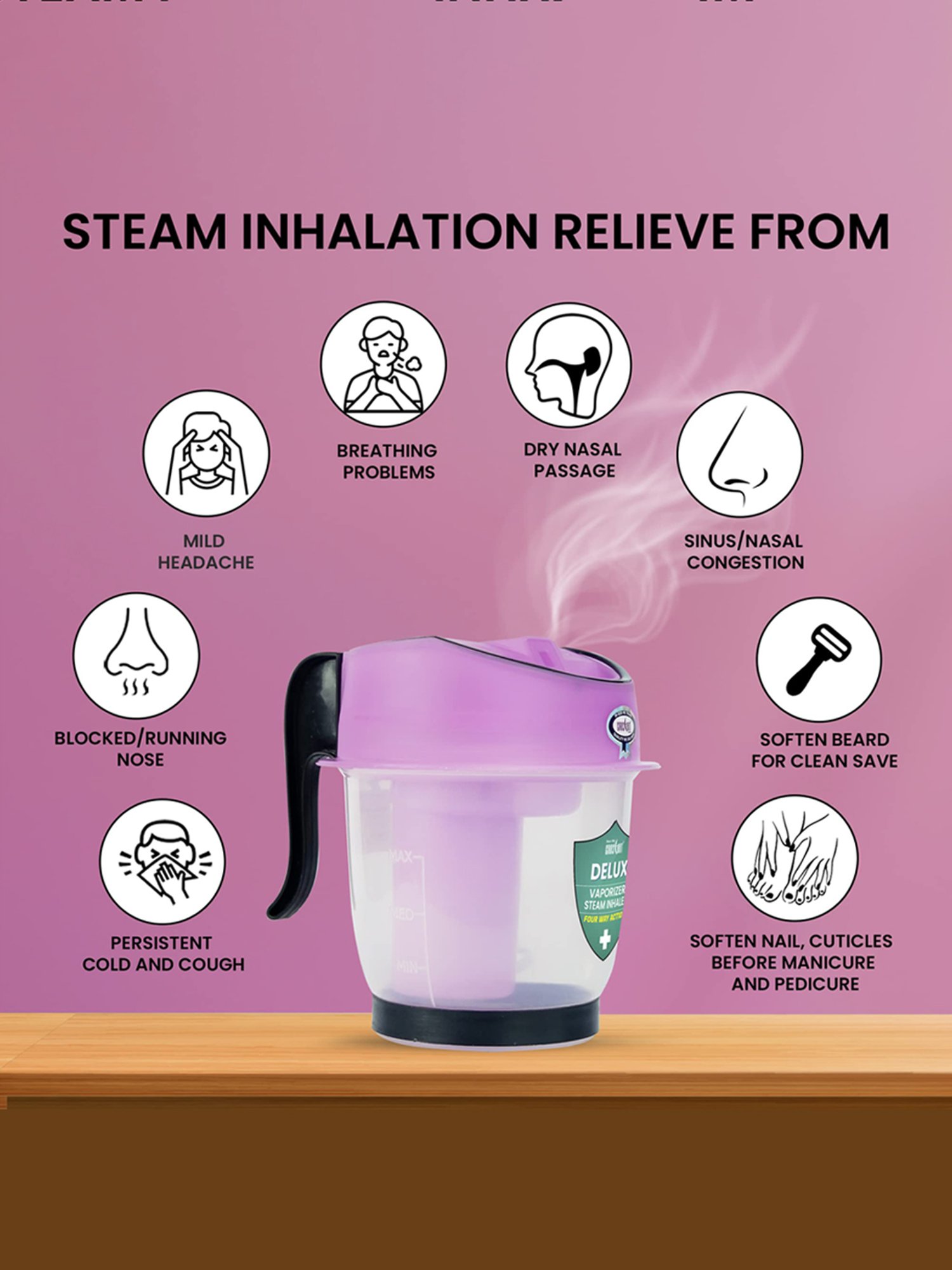 Crescent Delux Facial Steamer Vaporizer for Cold & Cough, Separate Water Container (Ice Purple)