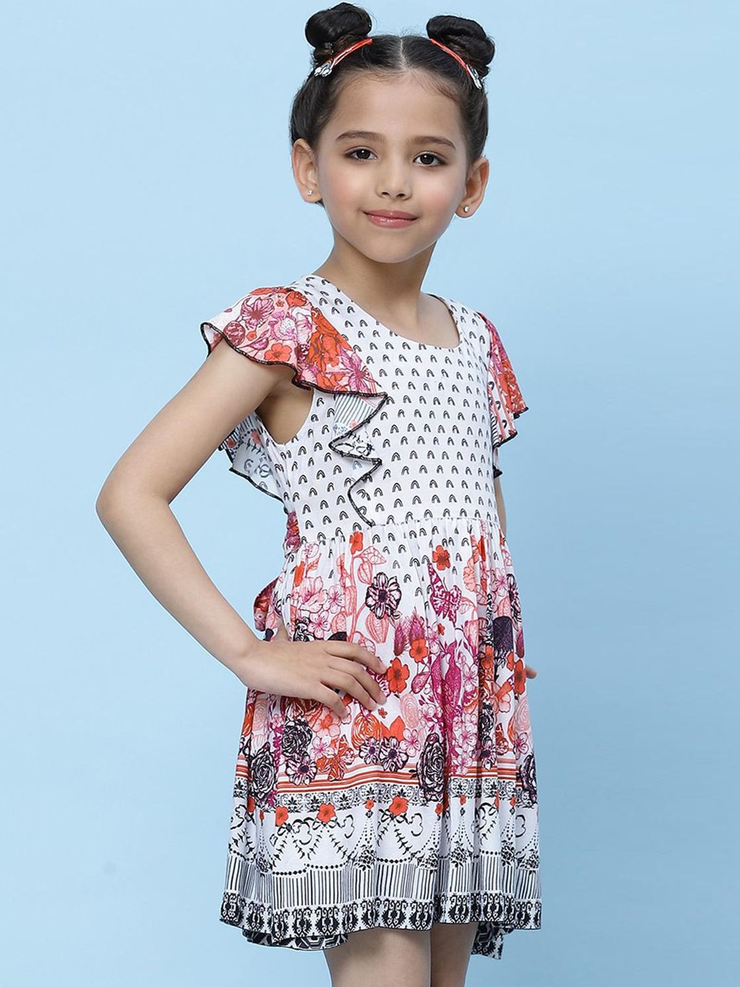 BIBA Girls White Printed Dress