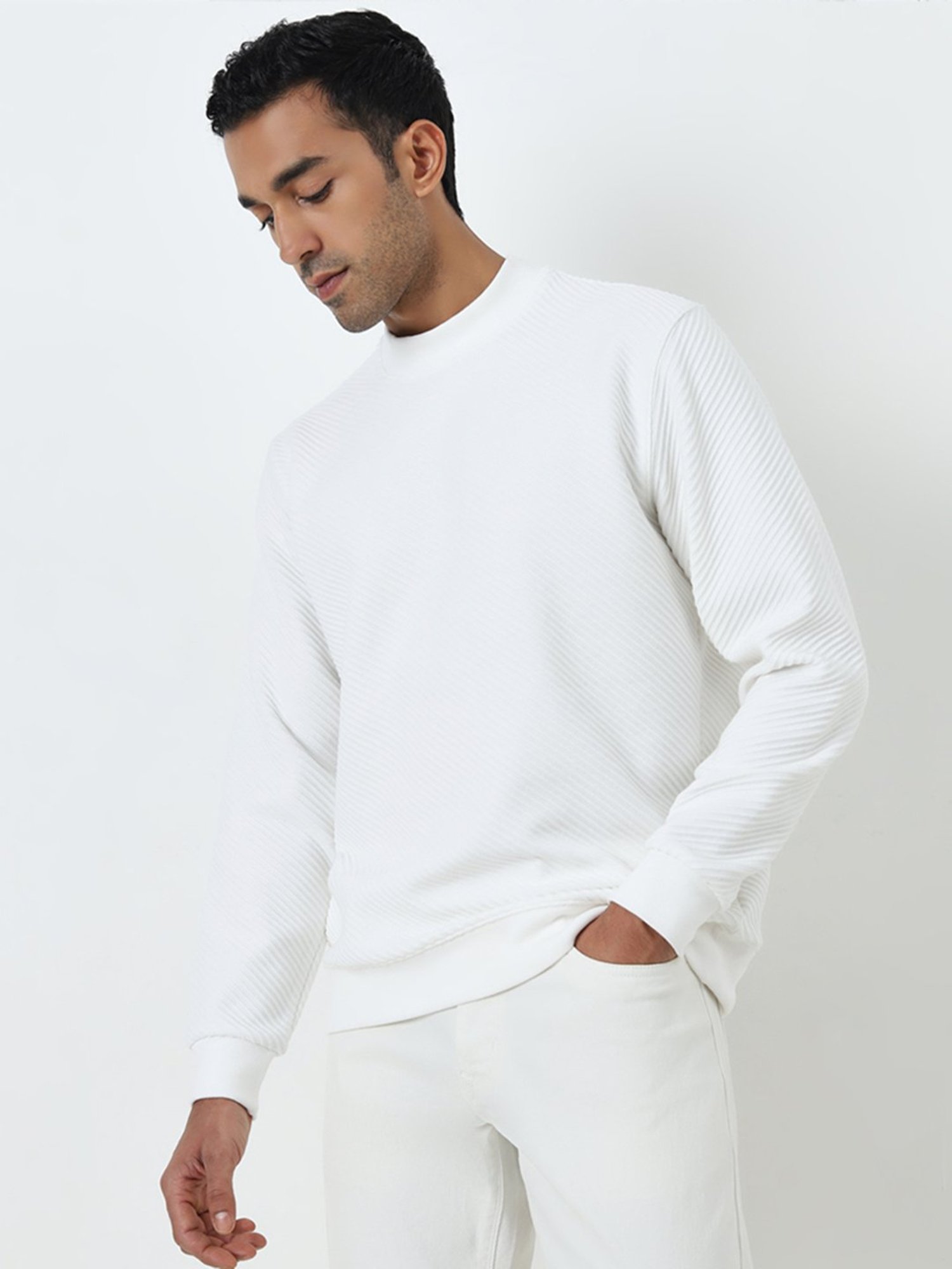 Ascot by Westside White Ribbed-Textured Relaxed-Fit Sweatshirt