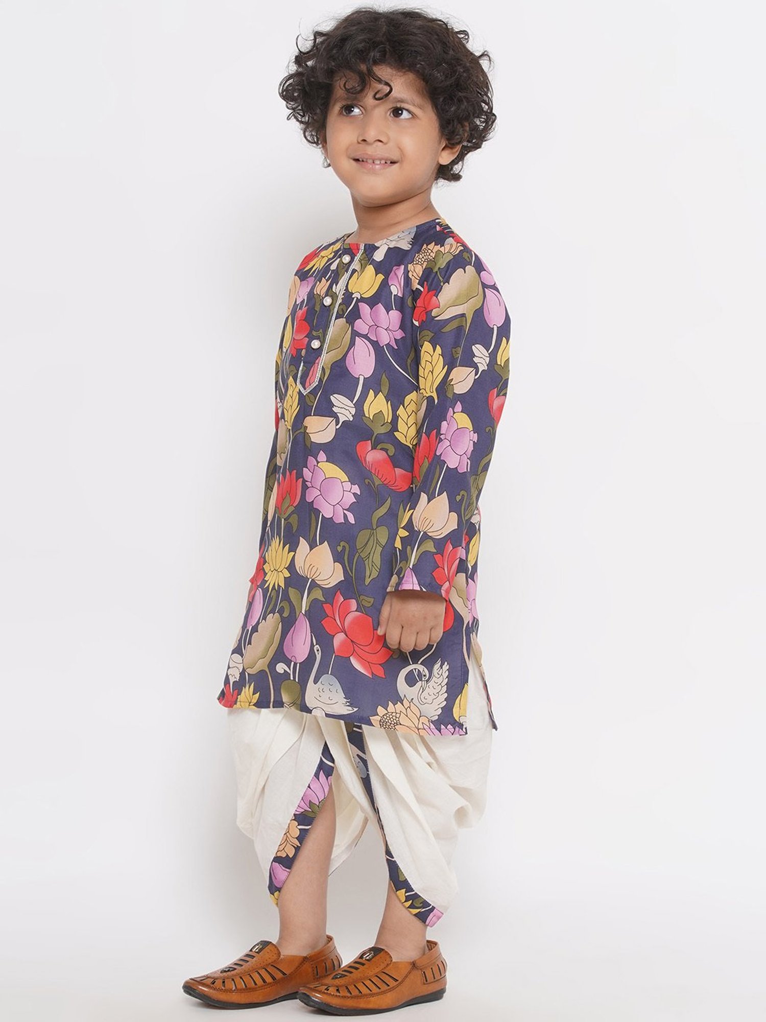 Little Bansi Kids Navy & White Floral Print Kurta with Dhoti