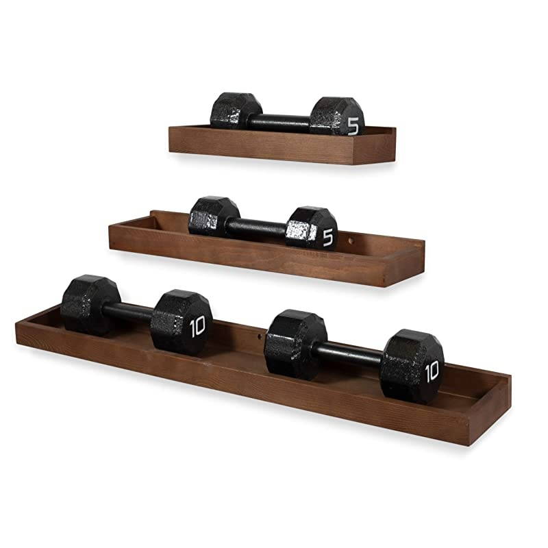 Philly Floating Shelves for Wall Wood Tray Bookshelf Set of 3 Walnut