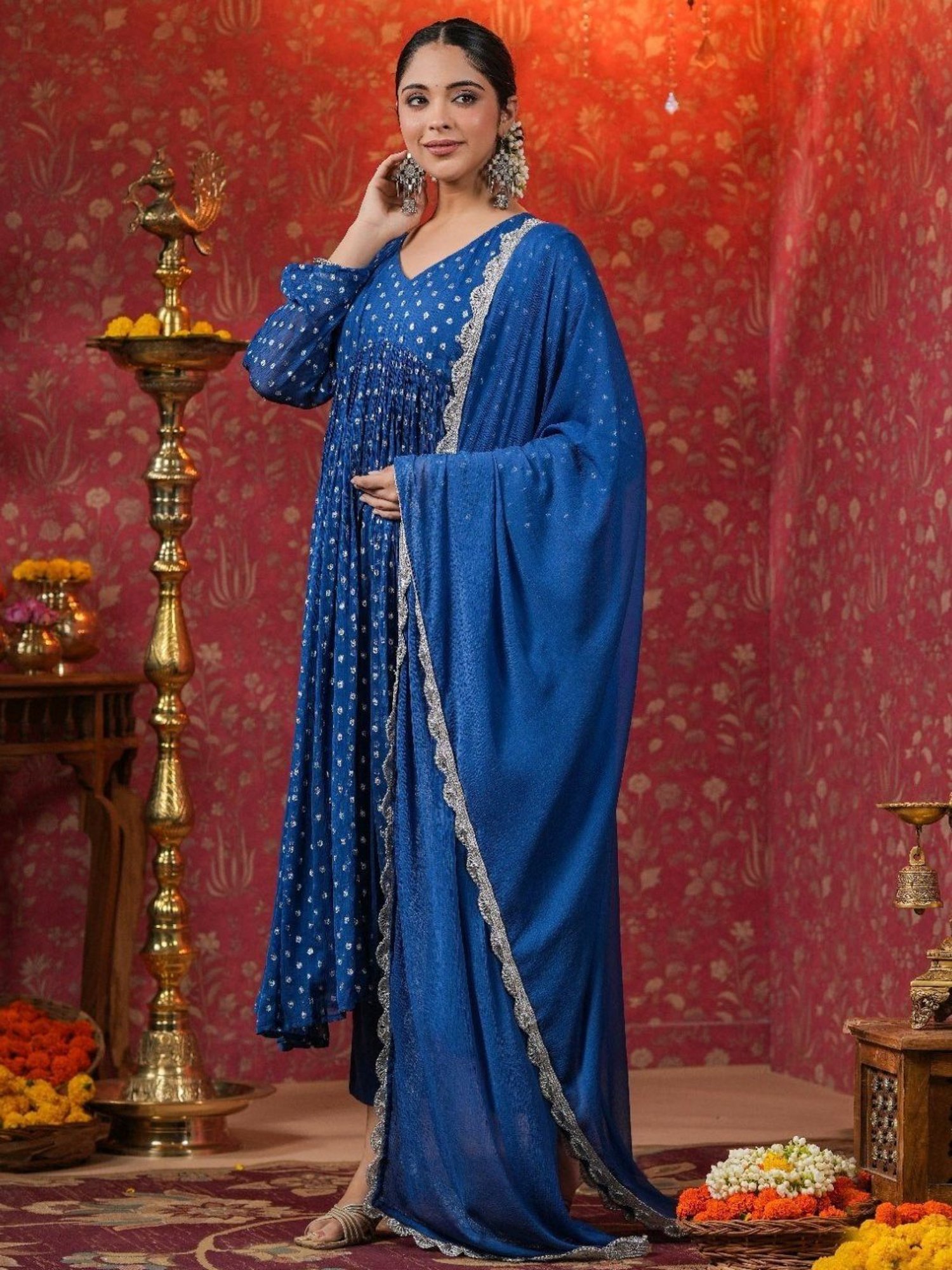 Everbloom Blue Manya Lurex Flared Kurta With Pant & Dupatta