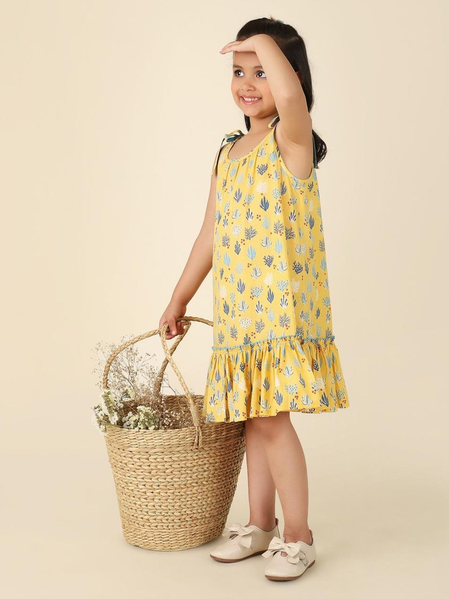 Fabindia Kids Yellow Cotton Printed Dress