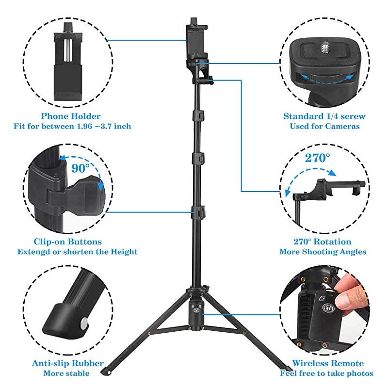 Stick Tripod, 51" Extendable Tripod Stand with Cell Phone Mount Holder & Wireless Remote,Compatible with iPhone 11,11 pro,Xs,X,8,7,6 Plus,Samsung Galaxy S9,S8,S7 Plus,Note 8, Gopro,More