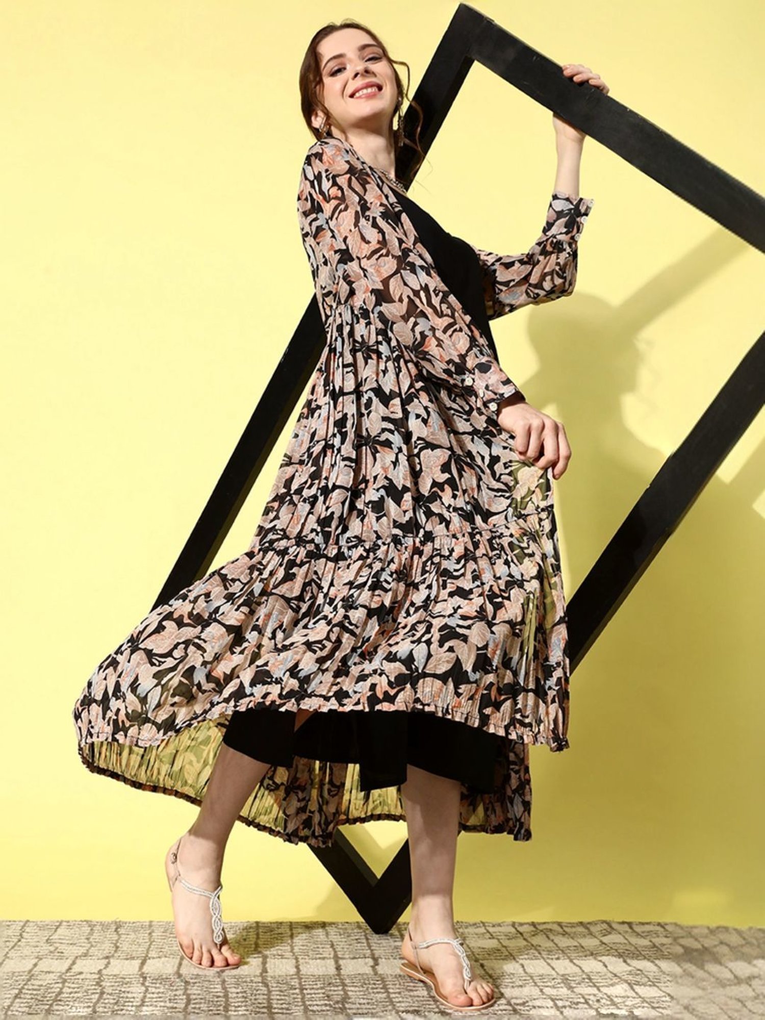 Saffron Threads Black Cotton Floral Print Ethnic Dress