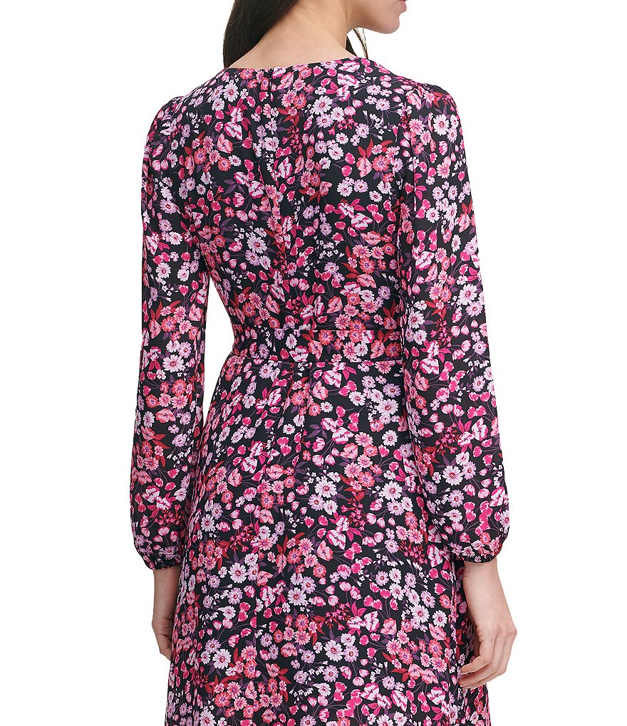 Kensie Floral Print Chiffon Faux Wrap Midi Dress