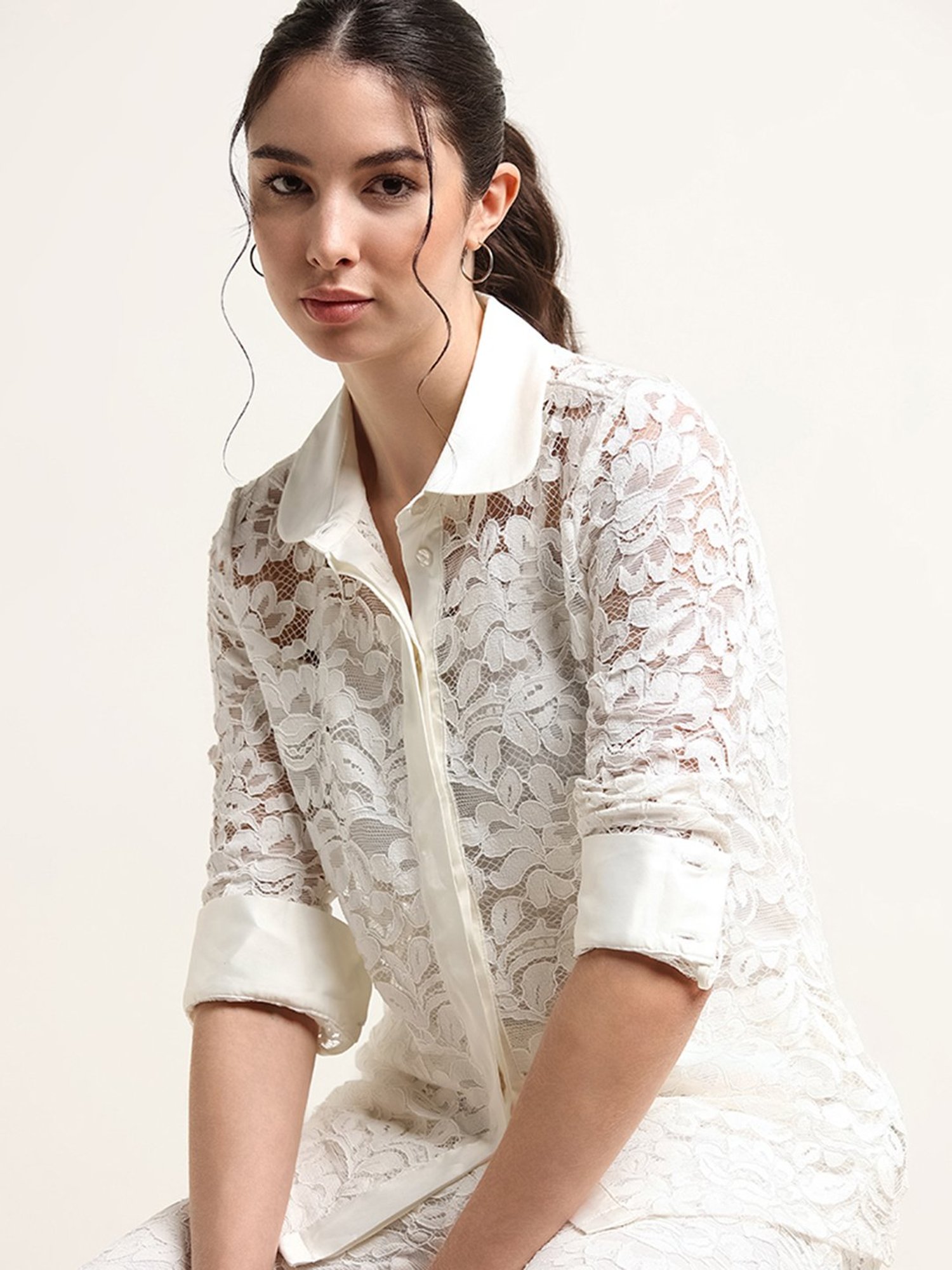 Wardrobe by Westside White Lace-Detail Shirt with Camisole