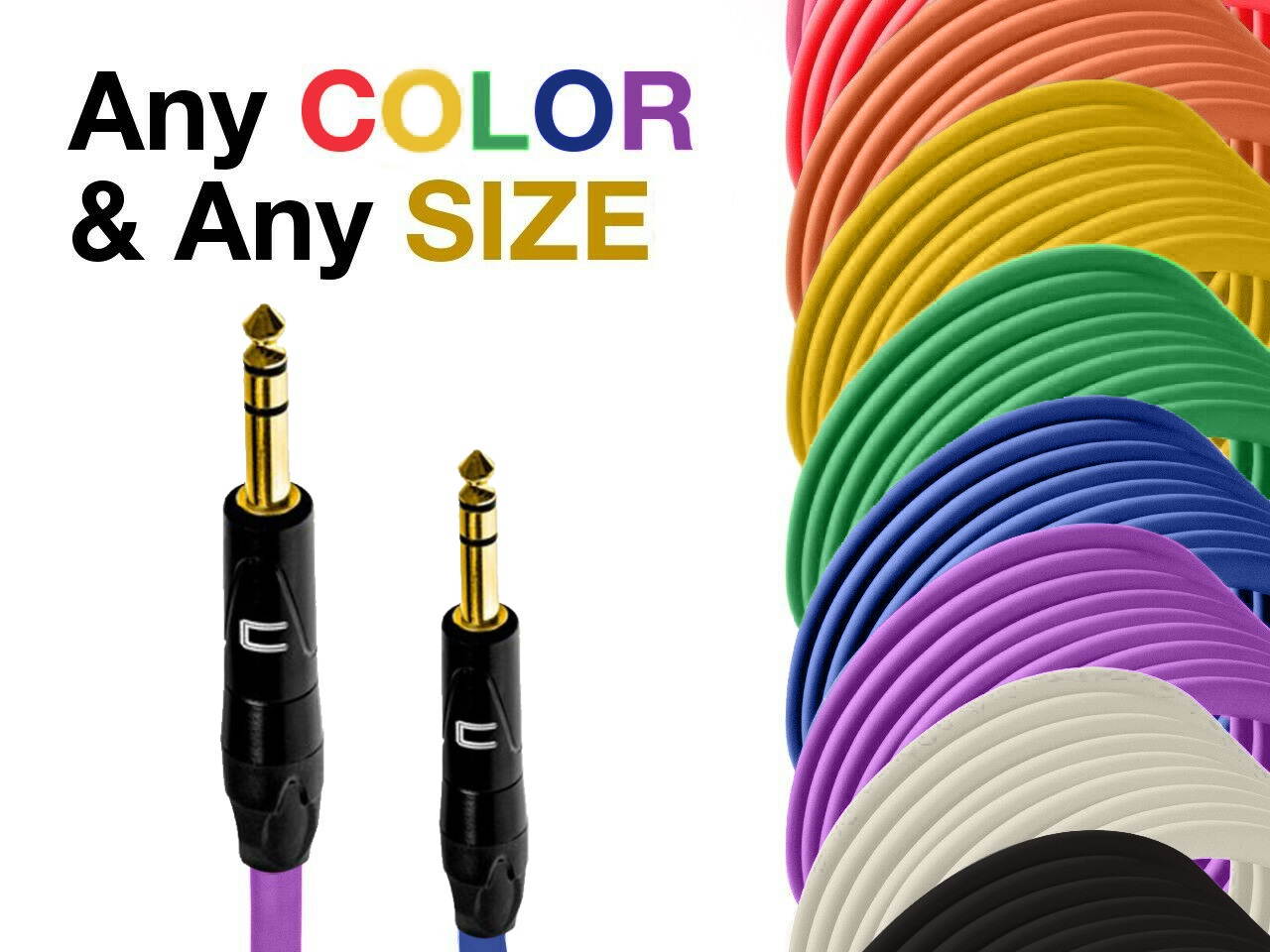1/4" TRS Male Balanced Cable - Custom Length Color Premium Stereo Connector Cord