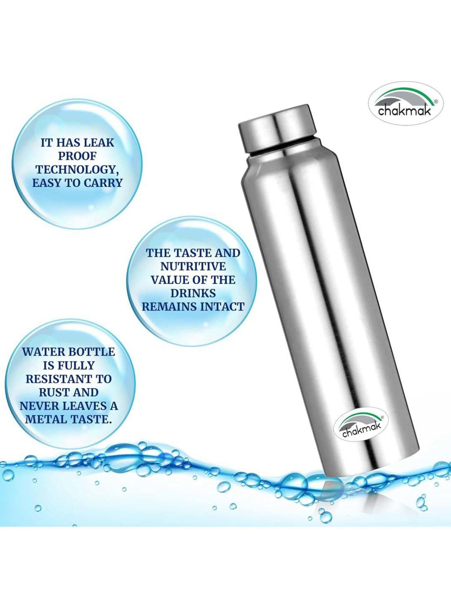 Chakmak Silver Stainless Steel Water Bottle - Set of 2