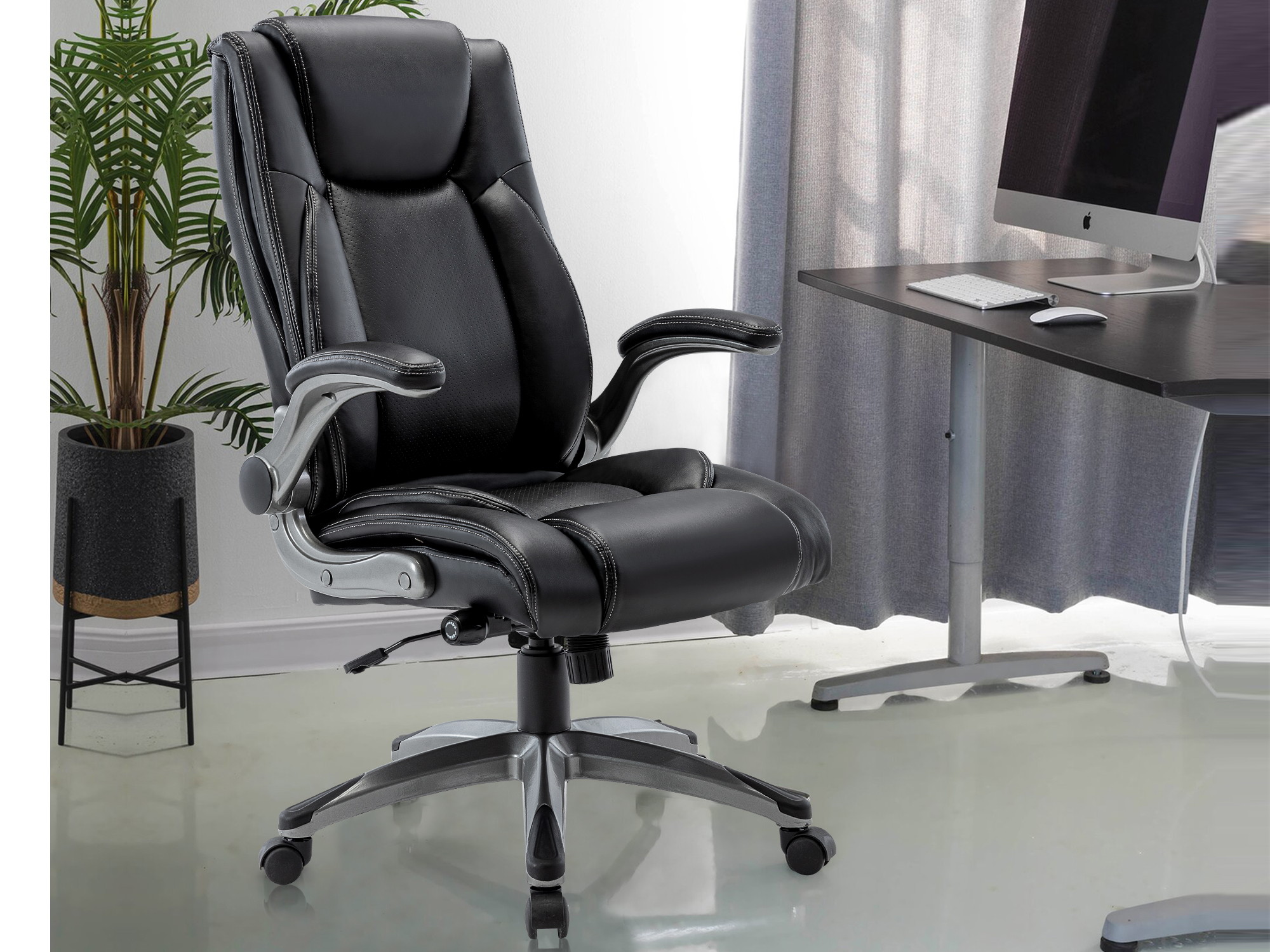 Bonded Leather Multifunctional Office Chair Computer Desk Task Swivel Chair- Adjustable Built-in Lumbar Support, Flip-Up Arms Tilt Angle with Thick Padded Armrest and Headrest for Home&Office