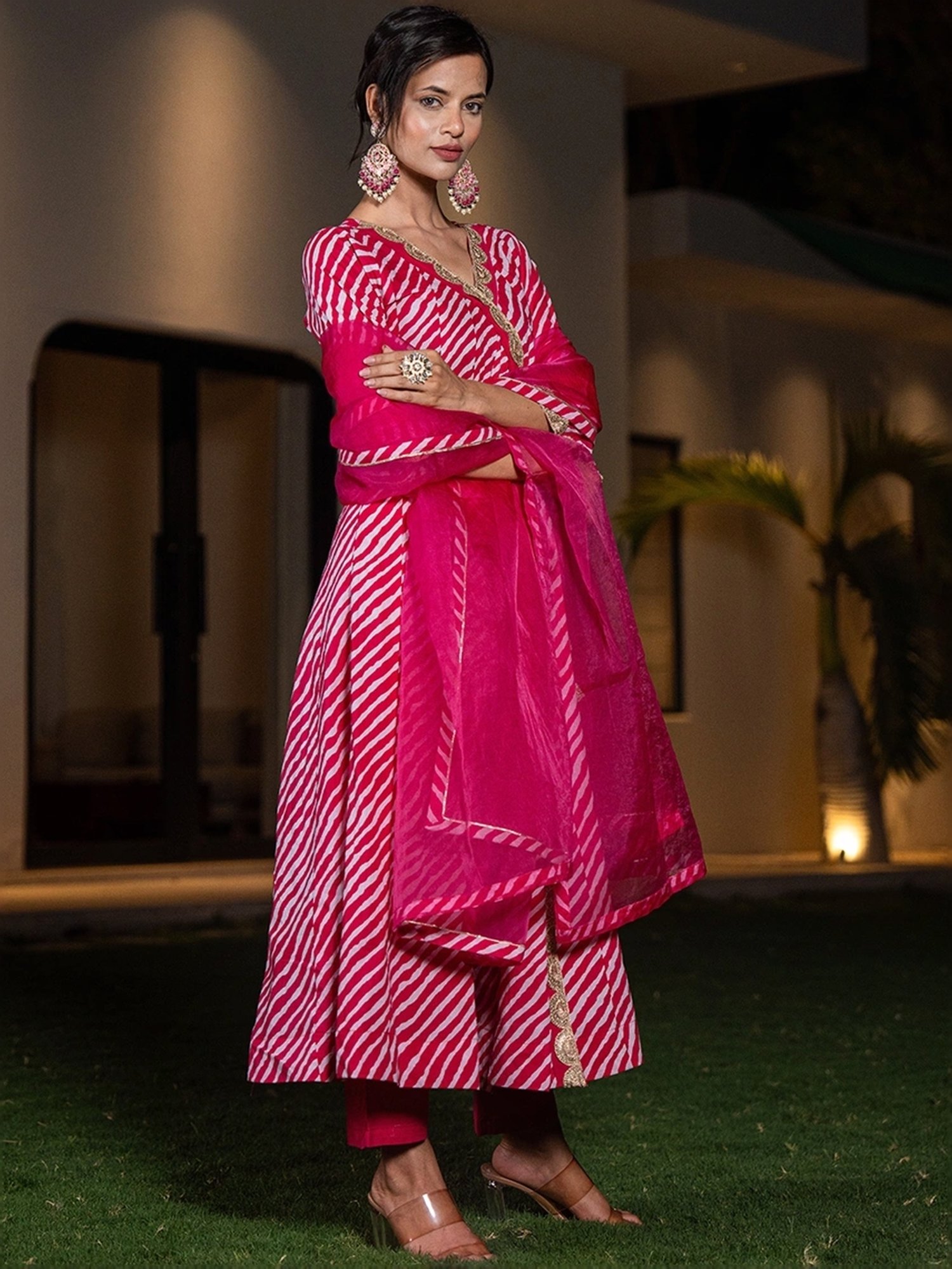 Yufta Hot Pink Cotton Printed Kurta Pant Set With Dupatta