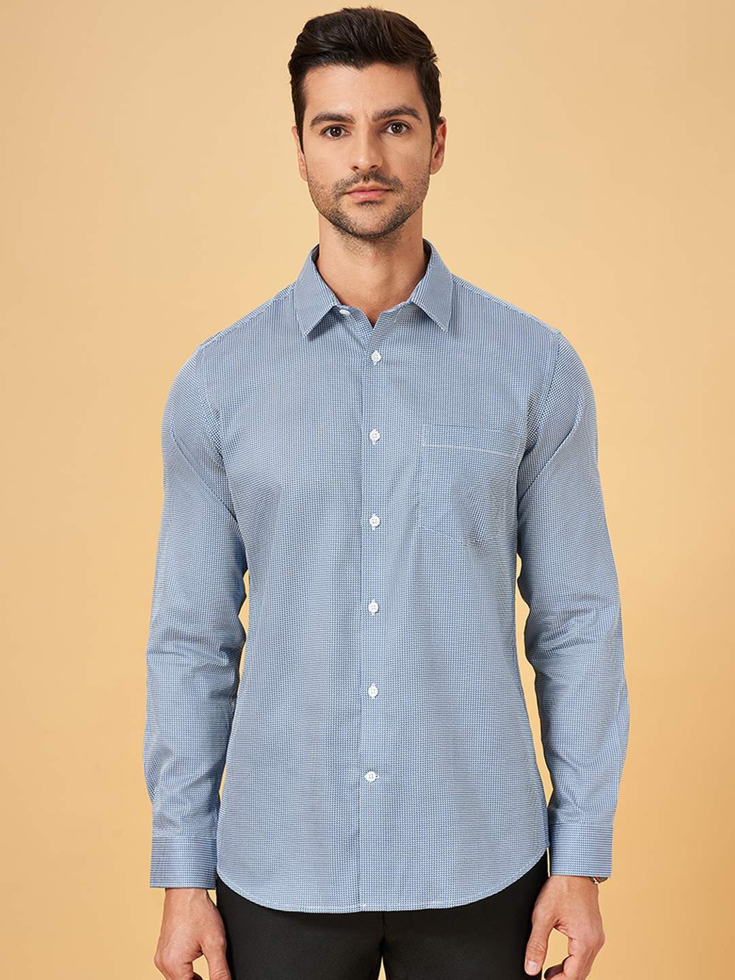 Peregrine by Pantaloons Dark Blue Cotton Slim Fit Printed Shirt