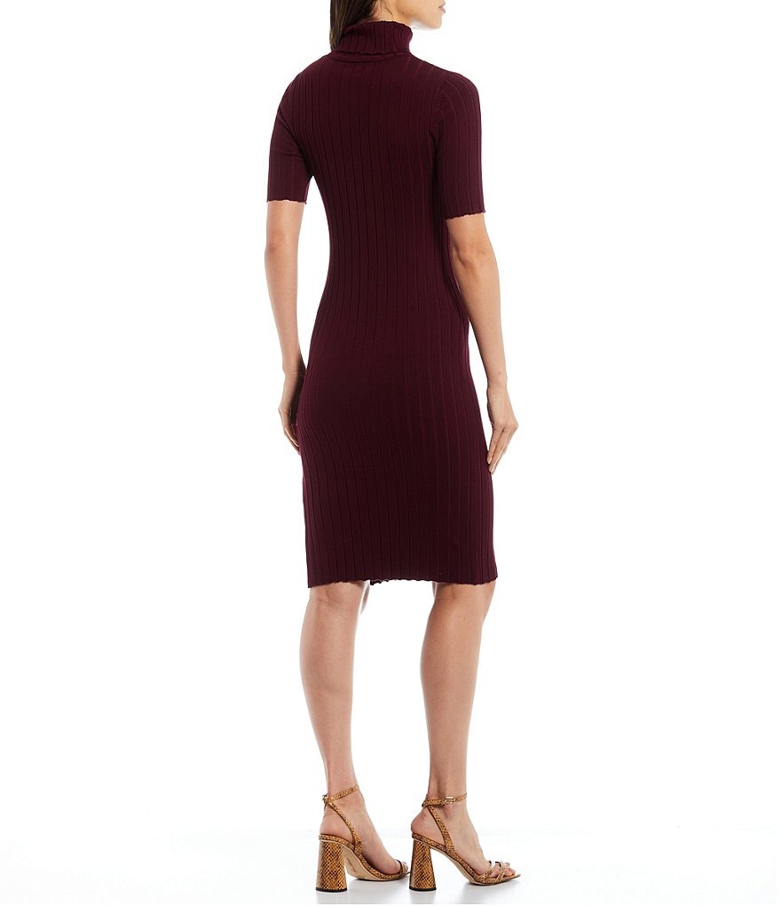 Julie Brown Ellen Stretch Knit Turtleneck Side Slit Detail Short Sleeve Bodycon Dress