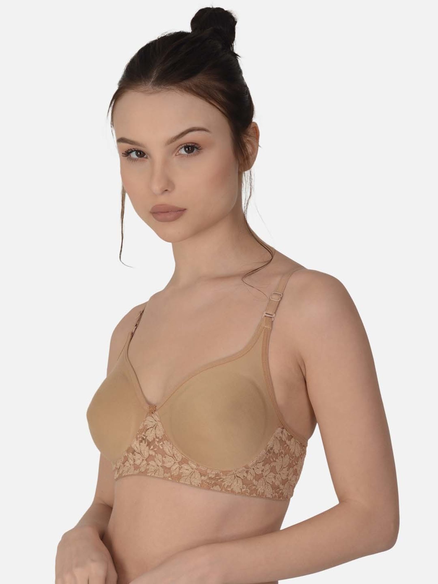 mod & shy Brown Cotton Lace Work Seamless Bra