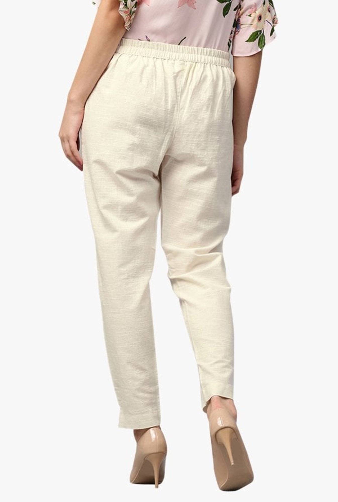 Jaipur Kurti Cream Regular Fit Cotton Pleated Pants